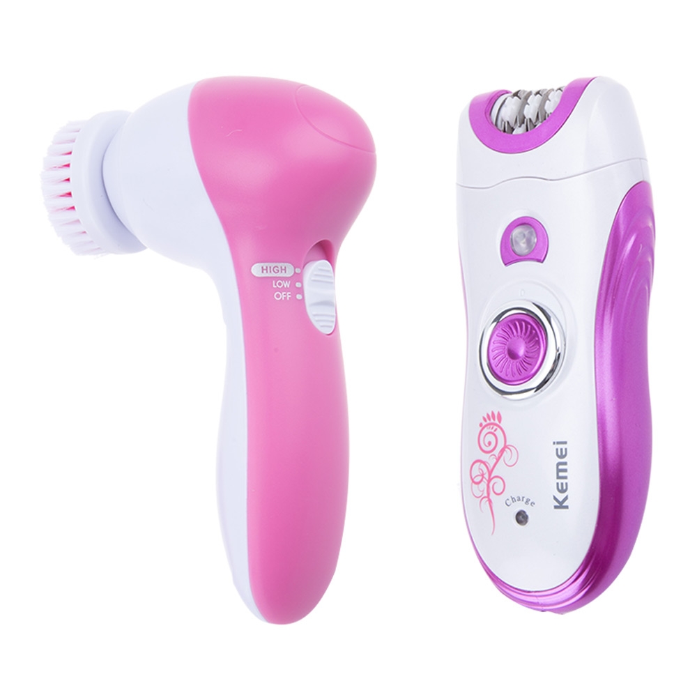 Kemei เครื่องถอนขน 6 in 1 โกนขน นวดหน้า ขัดหน้า ชุดใหญ่ KM-3066 เปลี่ยนได้ 3 หัว มอเตอร์ Pd อัลลอยด์ ใช้งานต่อเนื่อง 40 นาที ถอดล้างหัวได้ แถมฟรี!! ฟองน้ำทำความสะอาด - สีชมพู