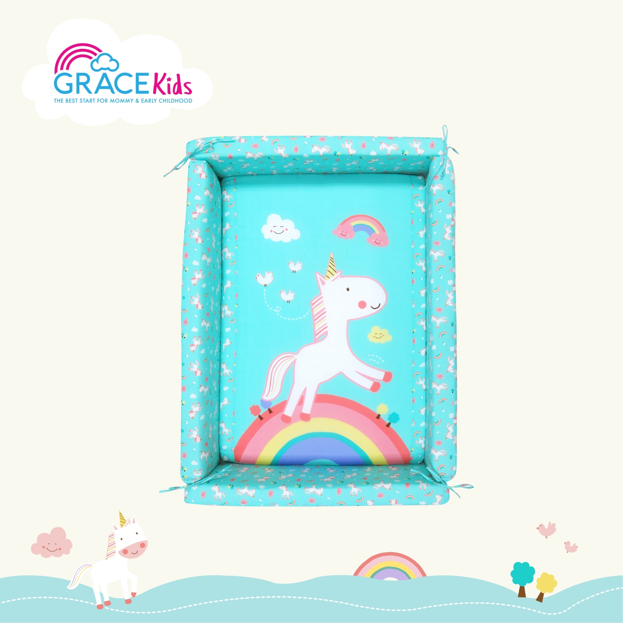 GraceKids ที่นอนเด็กแบบมีที่กั้น ลาย Rainbow Unicorn Ver.2 (Mint Green)