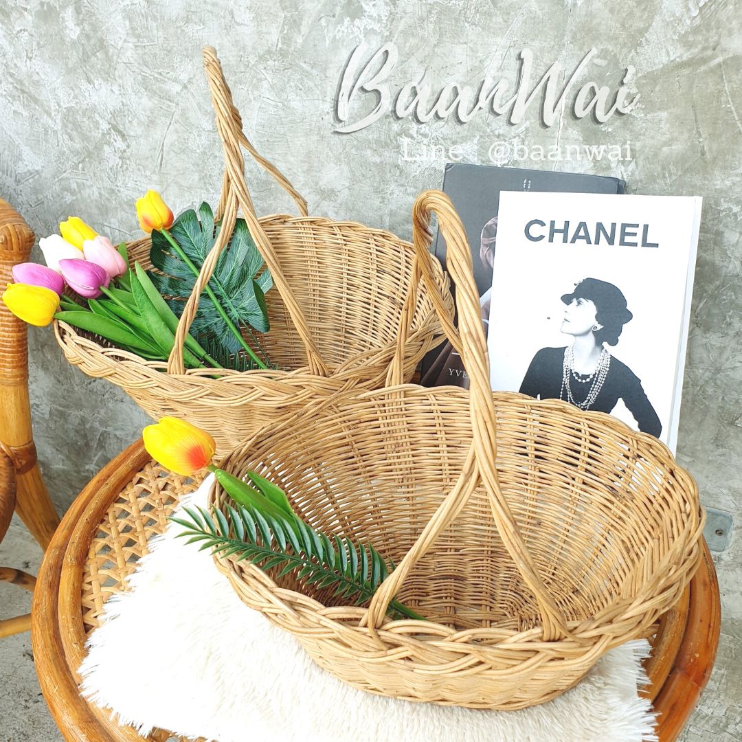 ตะกร้าหวายหูโค้ง ทรงรี ตะกร้าหวายทรงรี