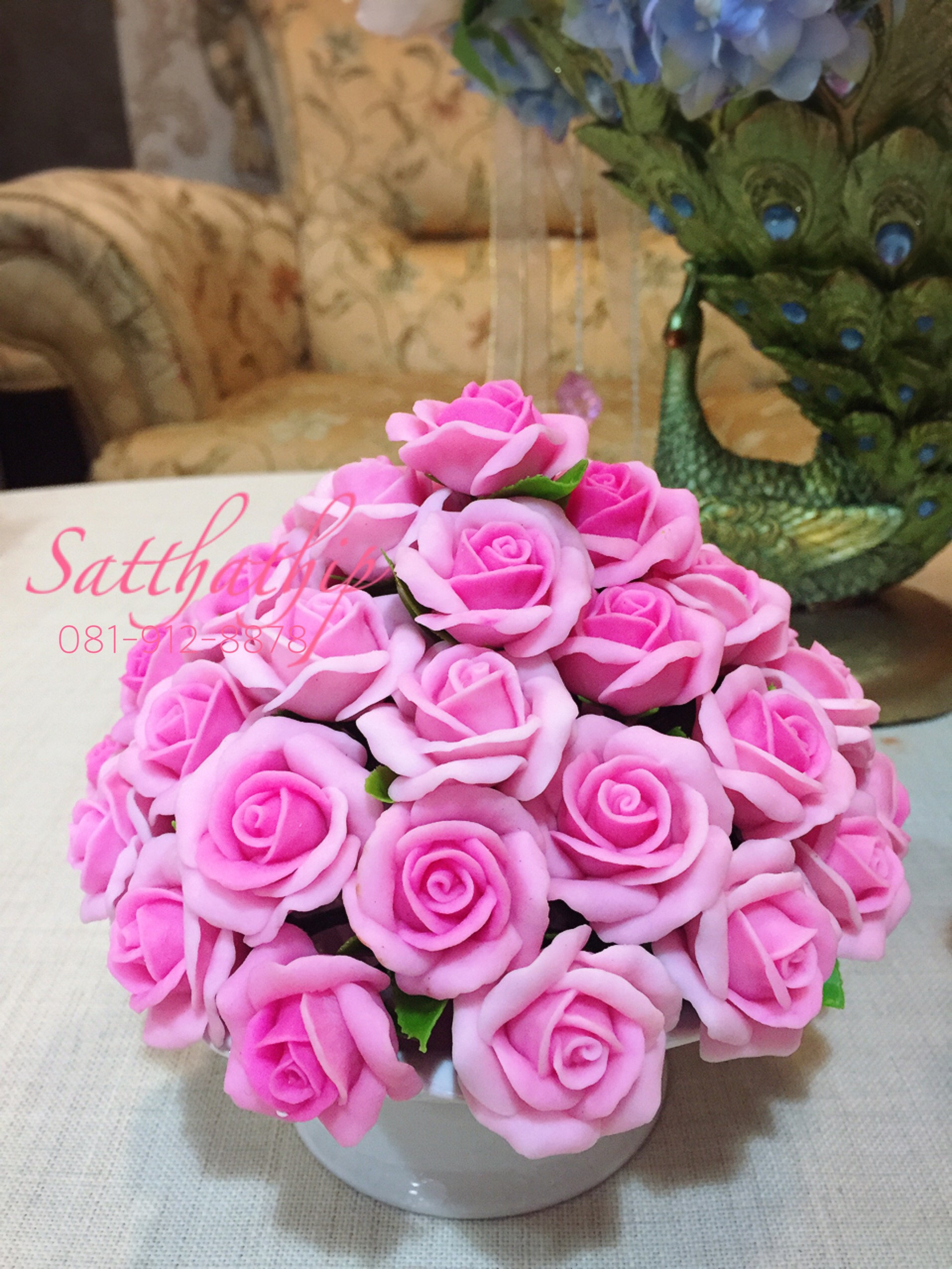 พานพุ่มดอกกุหลาบ - พานพุ่มดอกกุหลาบ (สีชมพู) ประดิษฐ์จากดิน - Rose Flower - Phan bush