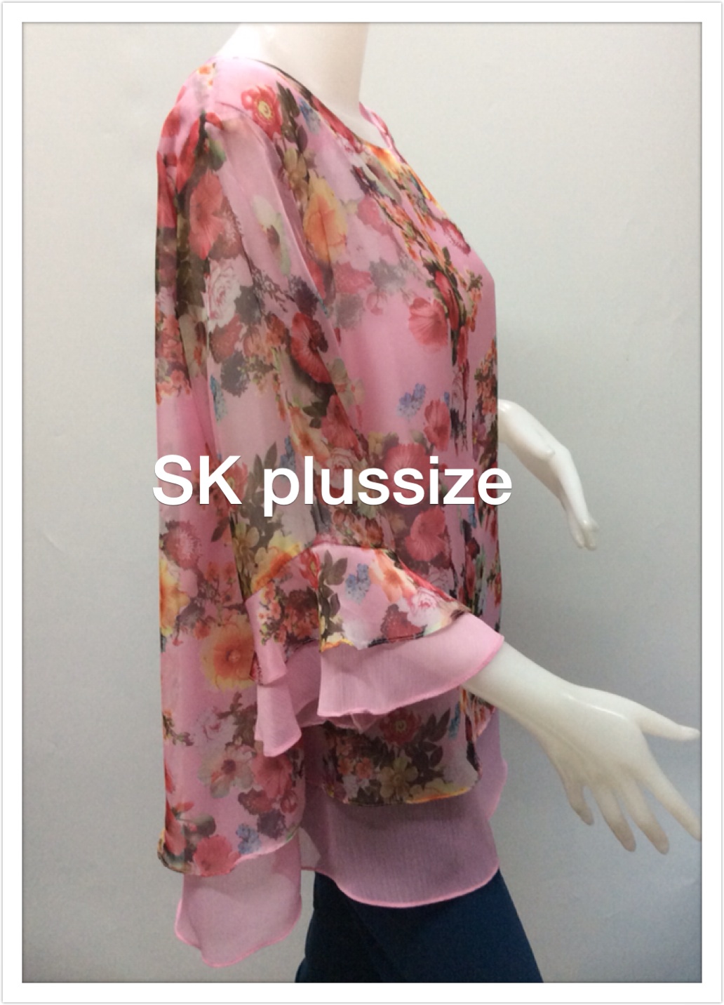 เสื้อชีฟองพิมพ์ลาย สีชมพู รอบอก 50 นิ้ว