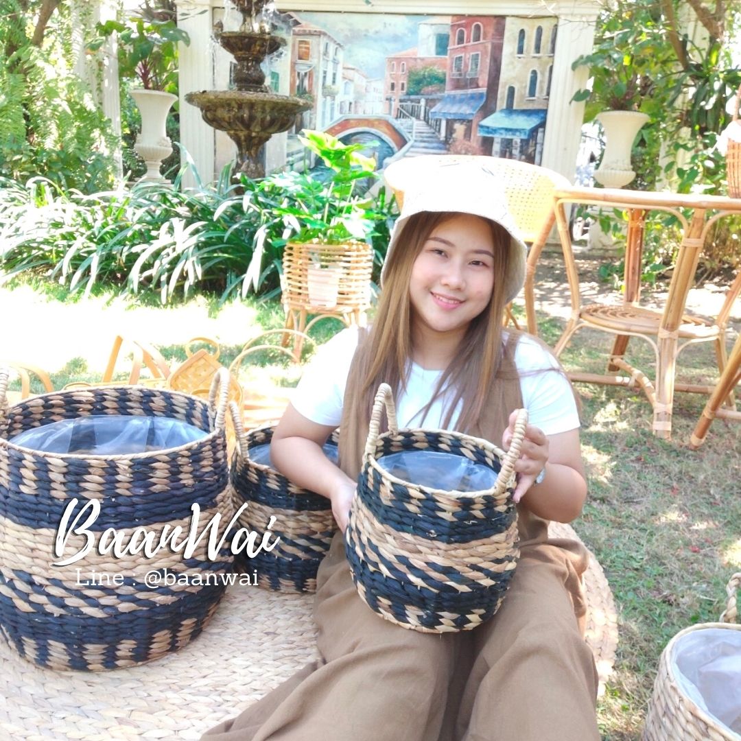 ตะกร้าต้นไม้ ตะกร้าผักตบชวา กระถางต้นไม้ลายคาดดำ กระถางต้นไม้