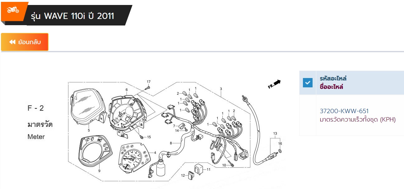 37200-KWW-651 มาตรวัดความเร็วทั้งชุด (KPH) WAVE110i ปี2011, เวฟ110ไอ 2013สตาร์ทเท้า อะไหล่แท้ HONDA
