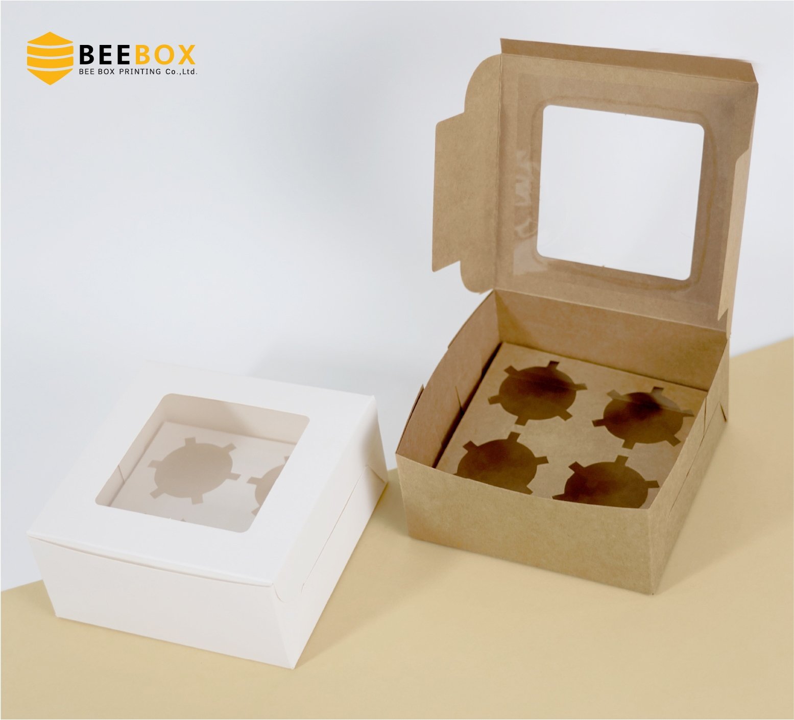 กล่องกระดาษคราฟ ใส่คัพเค้ก 4 ชิ้น กล่องคัพเค้ก แพ็ค 20 ใบ/ห่อ (09-7378)