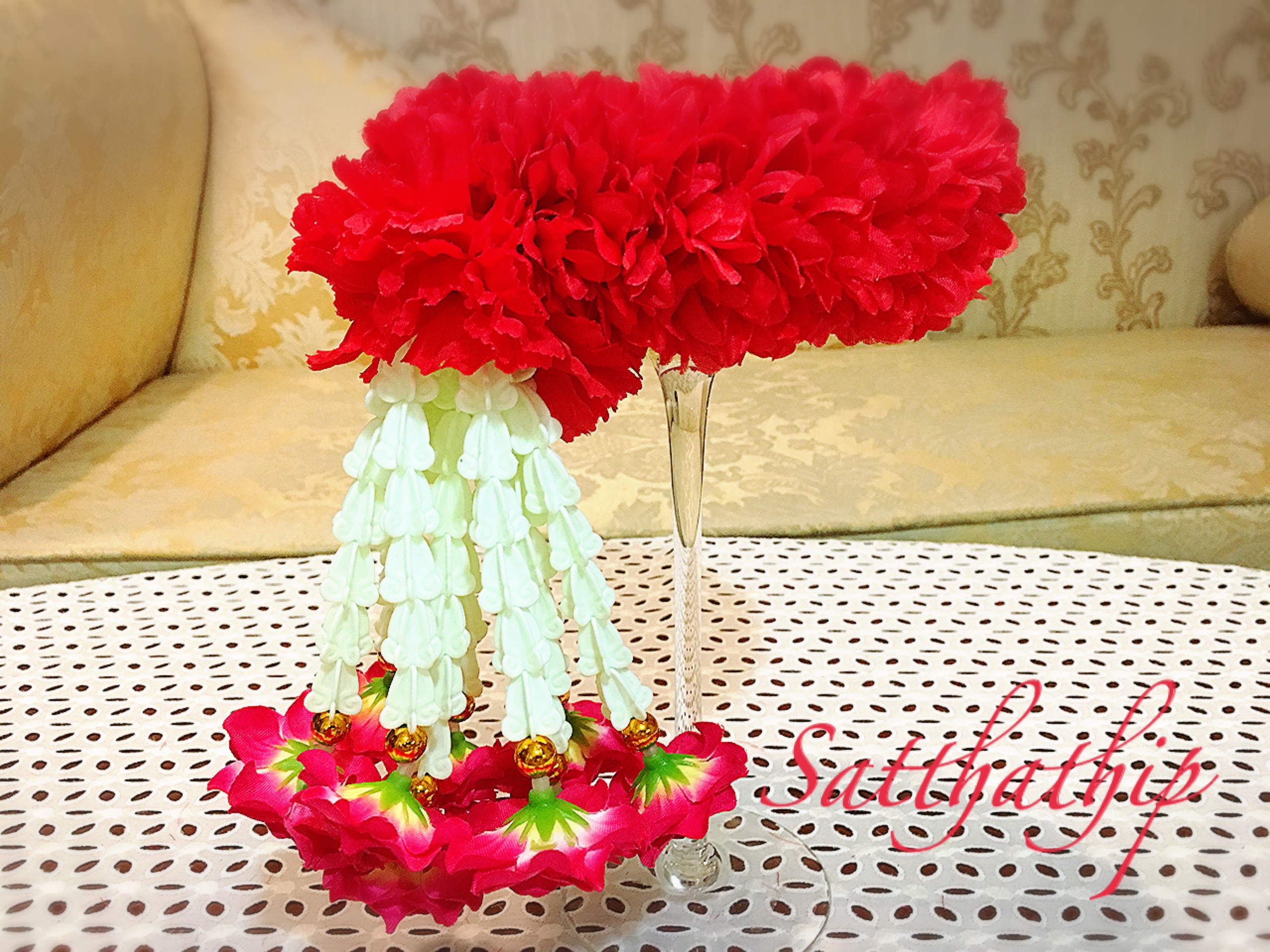 พวงมาลัยผ้า - พวงมาลัยดอกมัม ประดิษฐ์ - พวงมาลัยถวายศาลพระภูมิ - Fabric garland