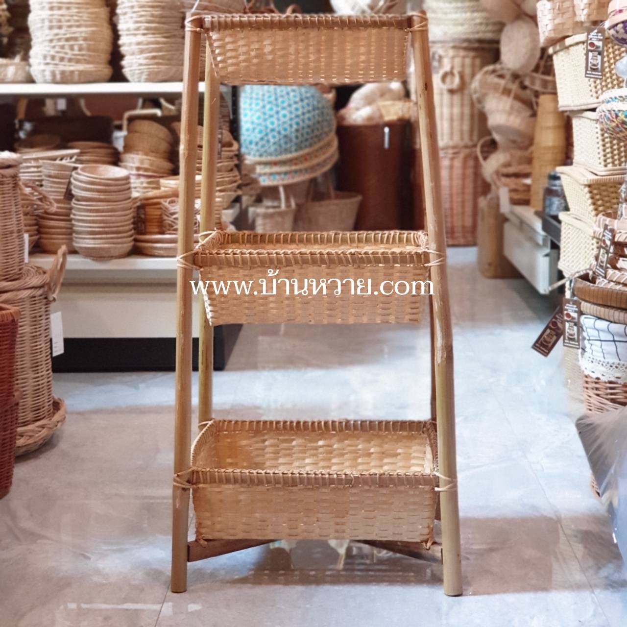 ชั้นวางไม้ไผ่ 3 ชั้น ทรงเหลี่ยม