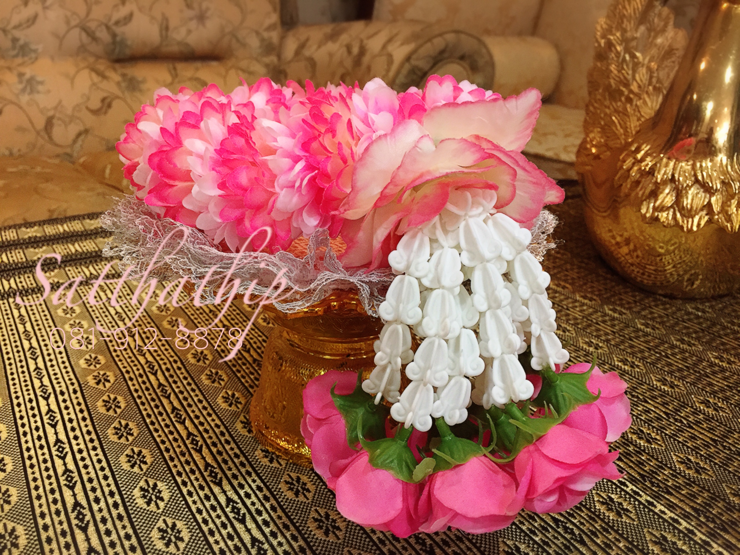 พวงมาลัยผ้า ดอกมัม สีชมพูผสม - พวงมาลัยผ้า - Fabric garland