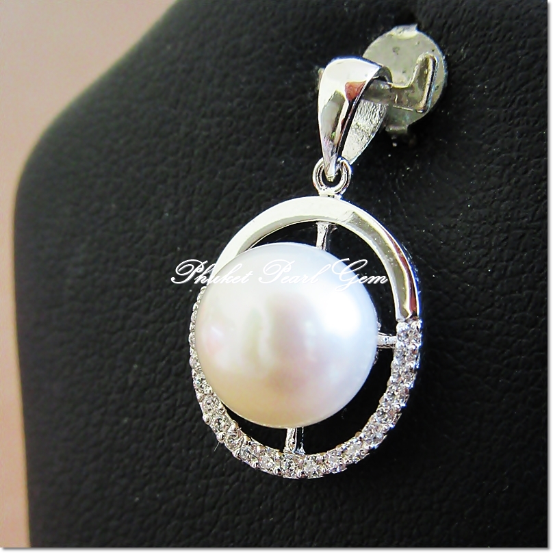 Sterling Silver White Pearl Half Plain Pendant by Phuket Pearl Gem