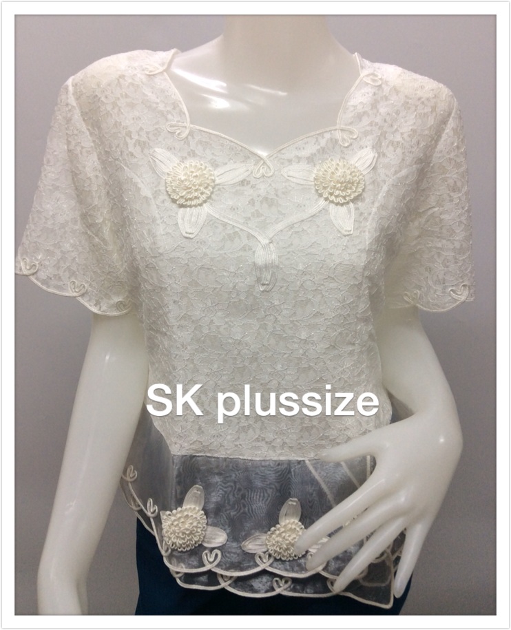 เสื้อลูกไม้ สีขาว ชายผ้าแก้ว รอบอก 38 นิ้ว
