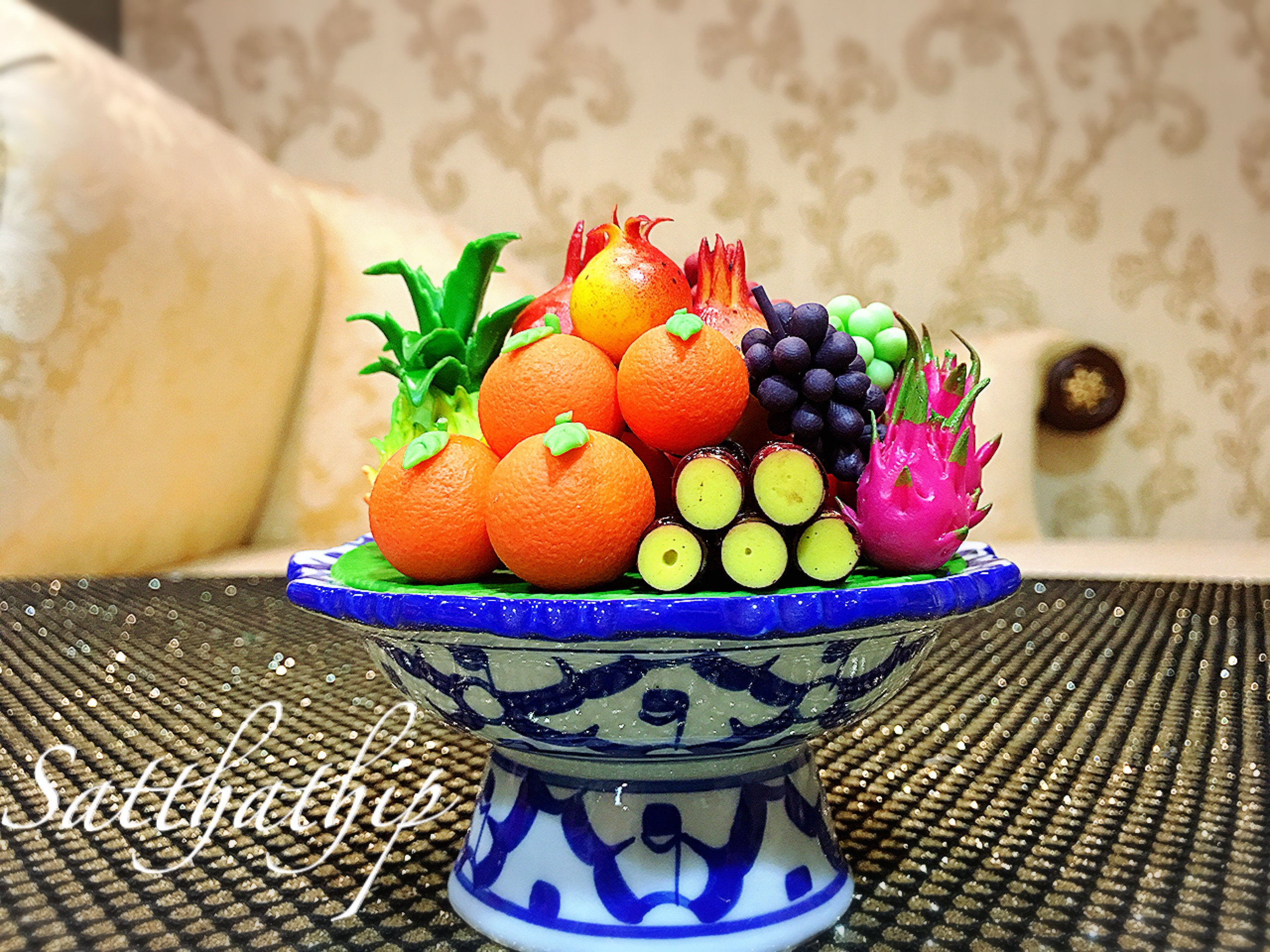 พานผลไม้ (9 อย่าง) ประดิษฐ์จากดิน - ผลไม้จิ๋ว - ผลไม้มงคล