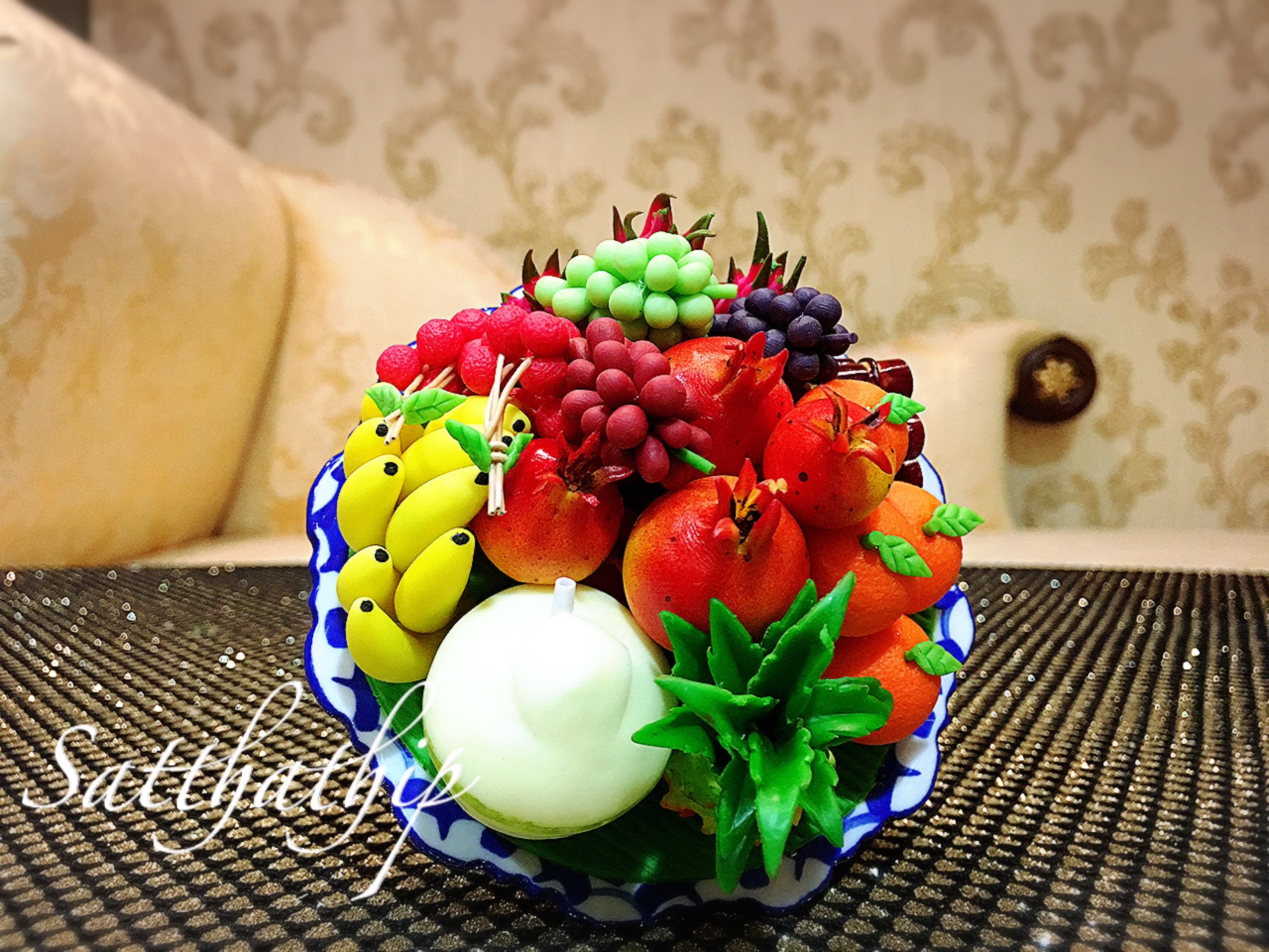 พานผลไม้ (9 อย่าง) ประดิษฐ์จากดิน - ผลไม้จิ๋ว - ผลไม้มงคล