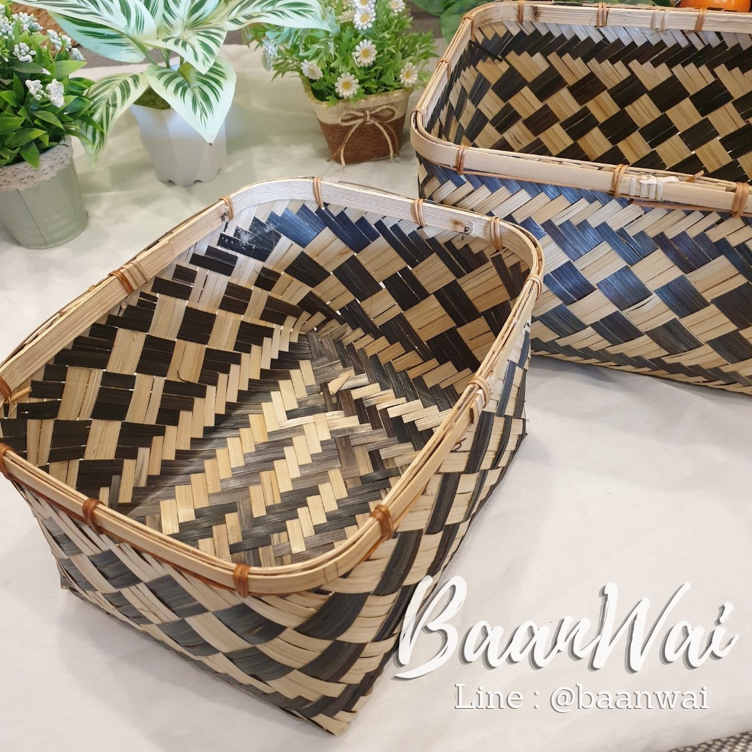 กล่องไม้ไผ่ ทรงเหลี่ยม ลายขาว-ดำ (ยกชุด 2 ขนาด)