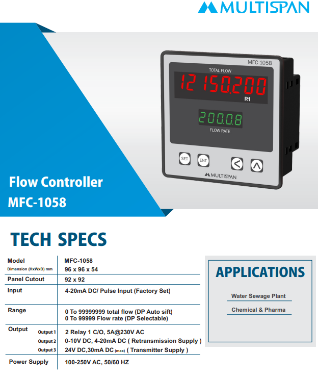 MFC-1058-A2-04 Flow Rate Cum Totalizer with RS-485 MODBUS Multispan