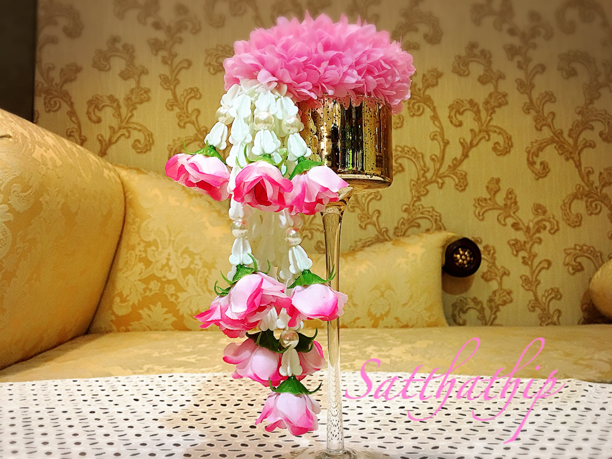 พวงมาลัยผ้า - พวงมาลัยดอกมัม ประดิษฐ์ - พวงมาลัยถวายศาลพระภูมิ - Fabric Garland