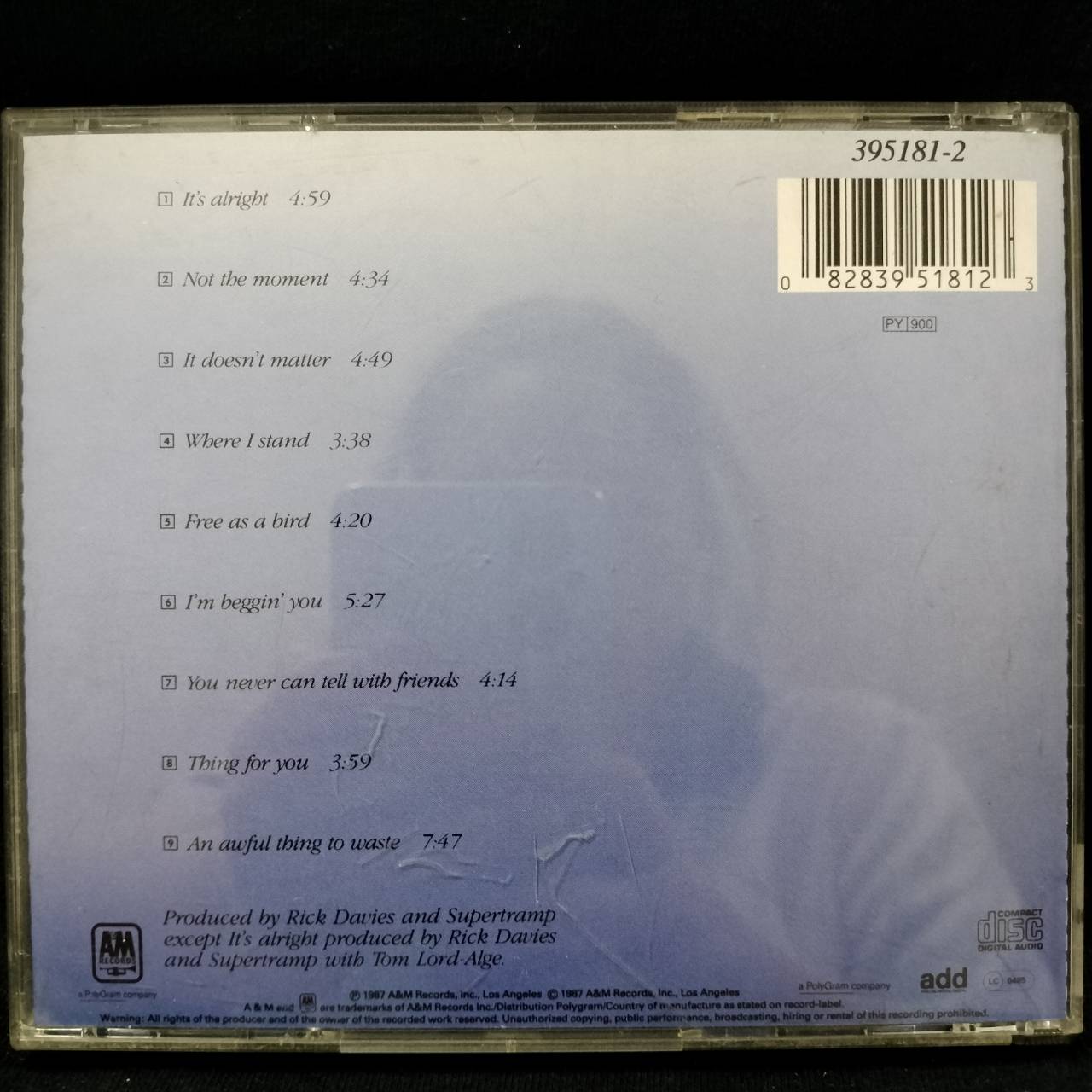 Supertramp – Free As A Bird / USA / ปกในมีจุดเหลือง / แผ่นสวย