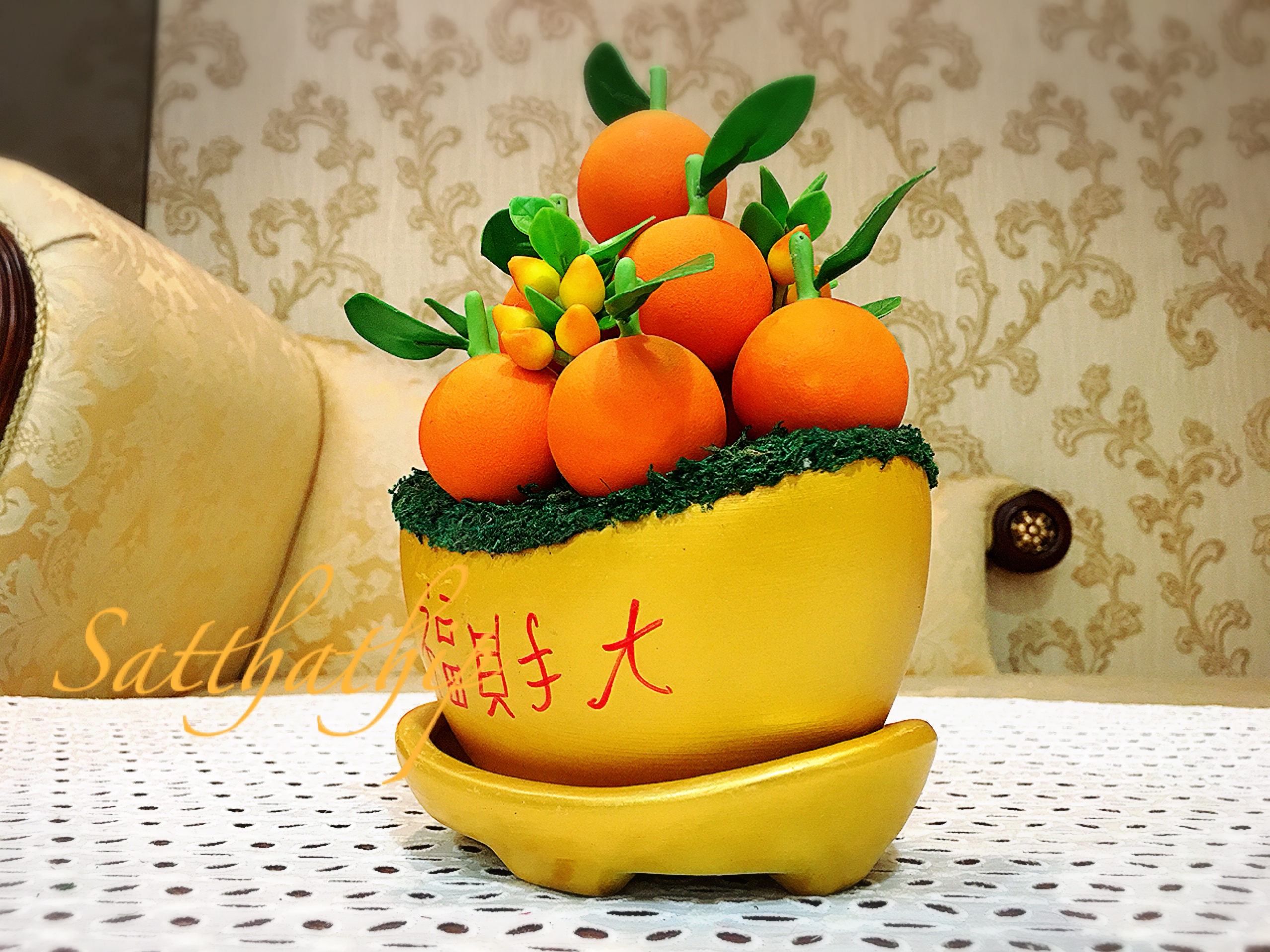 ส้ม ประดิษฐ์จากดิน กระถางก้อนทอง - ผลไม้มงคล ประดิษฐ์จากดิน กระถางก้อนทอง