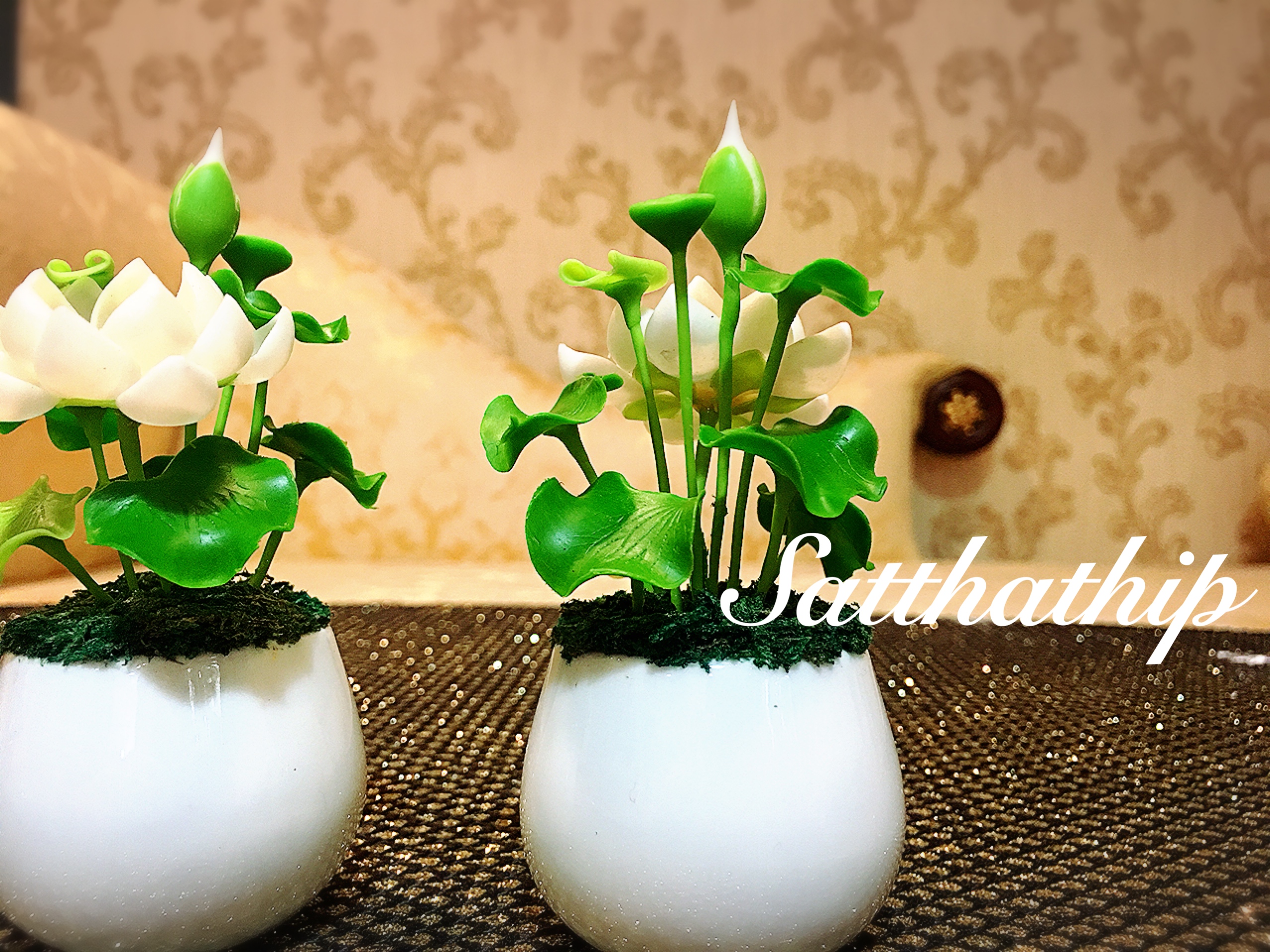 แจกันดอกบัว - ดอกบัวประดิษฐ์ - แจกันดอกบัวหลวง (ข้างละ 1 ดอก) ประดิษฐ์จากดิน - แจกันดอกบัวประดิษฐ์ - Lotus Flower