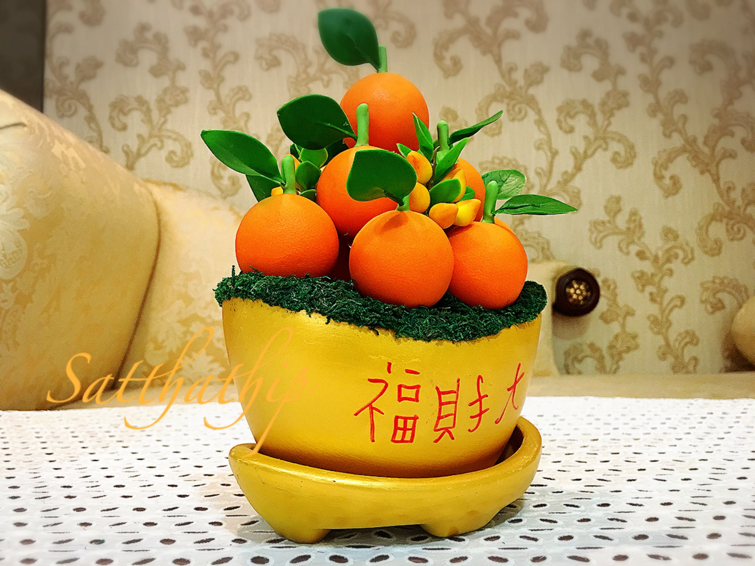 ส้ม ประดิษฐ์จากดิน กระถางก้อนทอง - ผลไม้มงคล ประดิษฐ์จากดิน กระถางก้อนทอง