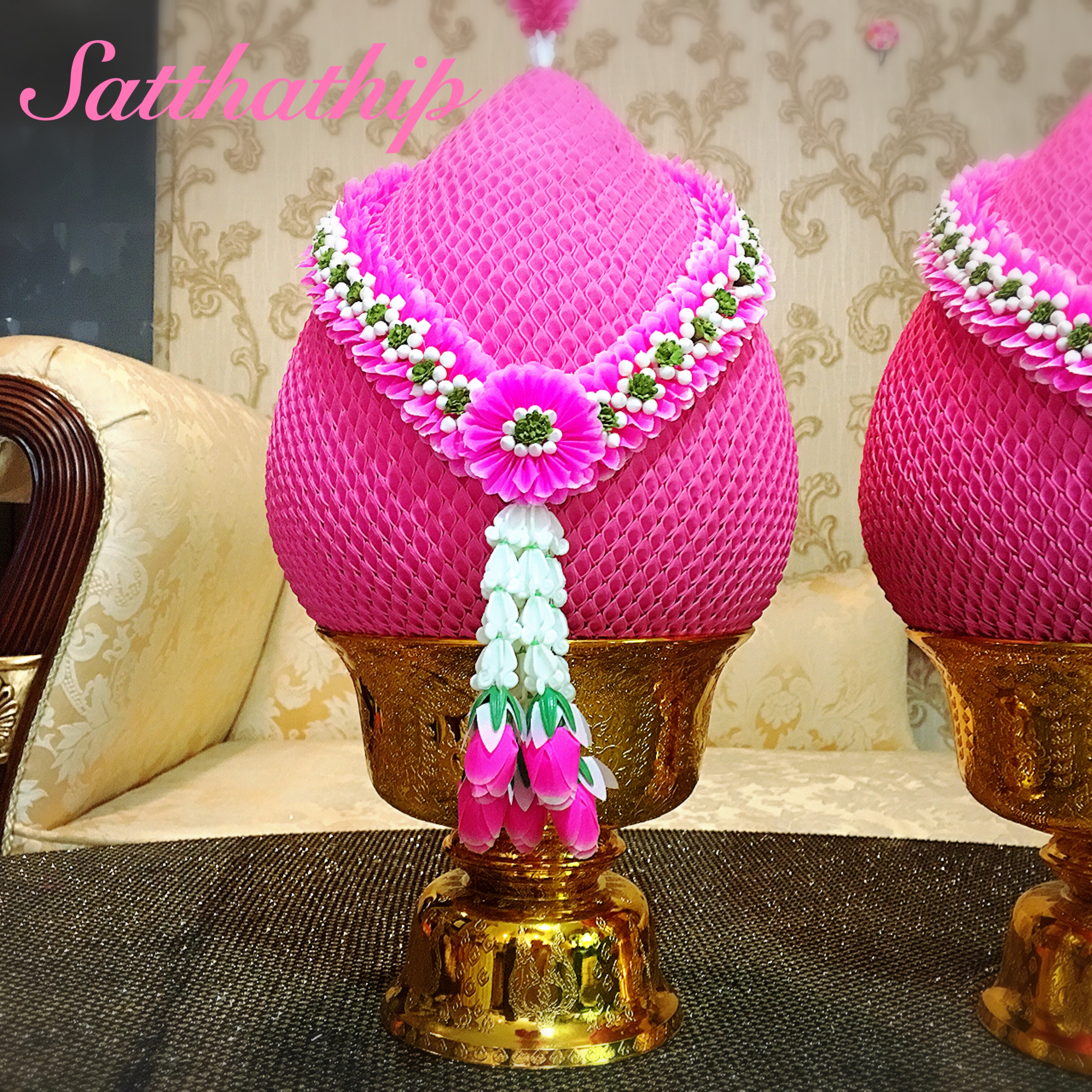 พานพุ่มผ้า สีชมพู - พานพุ่ม สีชมพู - พานพุ่มสักการะ สีชมพู - Phan bush