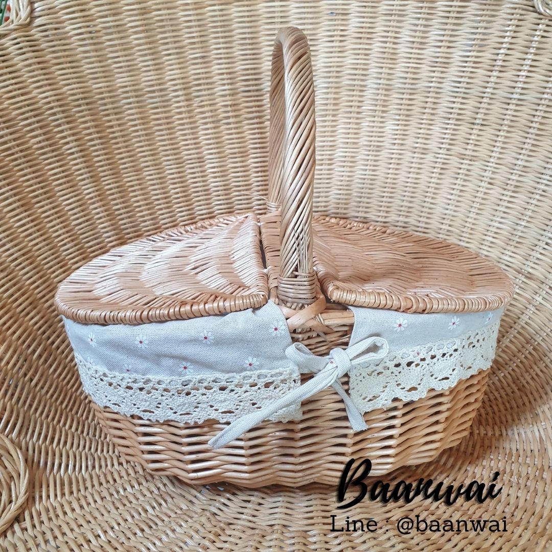 ตะกร้าปิคนิค กล่องหวายบุผ้า ทรงรี,ทรงเหลี่ยม