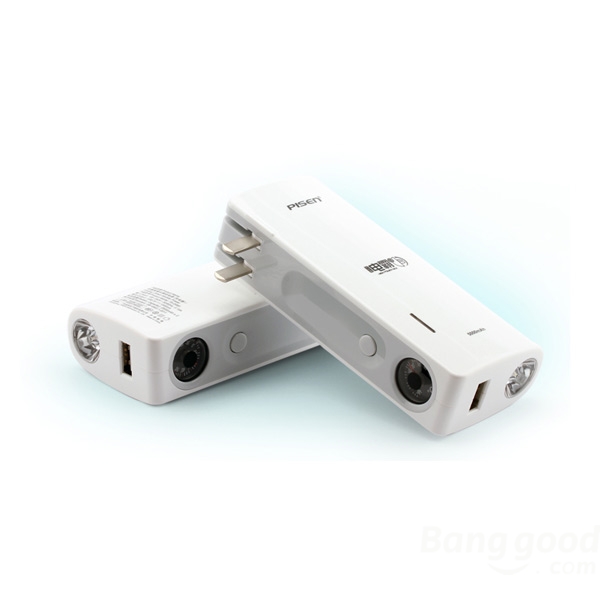 PISEN แบตสำรองแท้ 5,000 mAh พาวเวอร์แบงค์ High Power Box รุ่น TS-D065 ปลั๊กไฟในตัว ไฟ LED ส่องสว่าง USB 5V-2A ติดเครื่องวัดอุณหภูมิ เก็บประจุเต็มที่ได้ยาวนาน สำหรับพกพานอกสถานที่ ฟรี!! สาย Micro USB - สีขาว