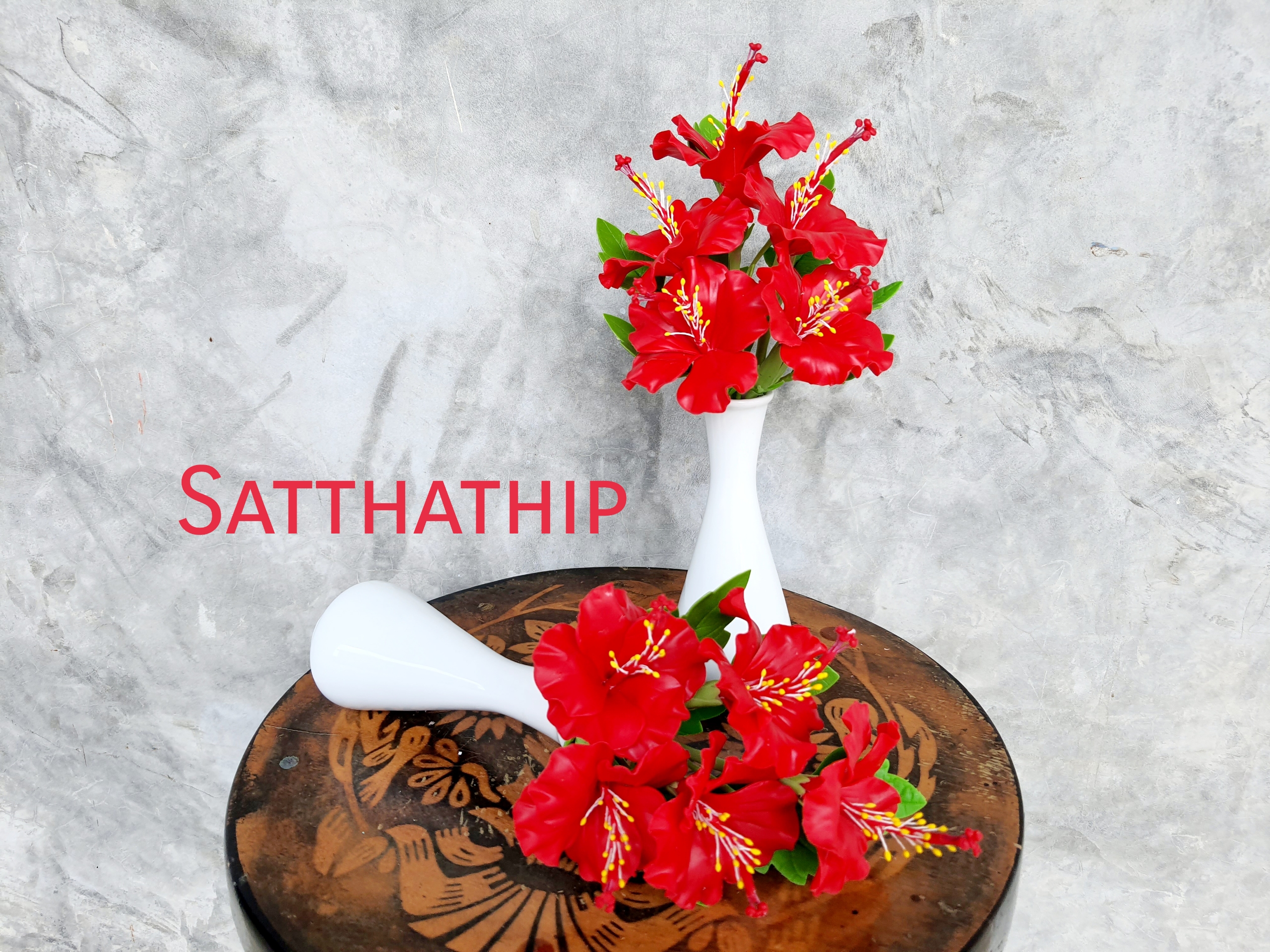 แจกันดอกชบา - ดอกชบาประดิษฐ์ - แจกันดอกชบา ประดิษฐ์จากดิน - แจกันดอกชบาประดิษฐ์