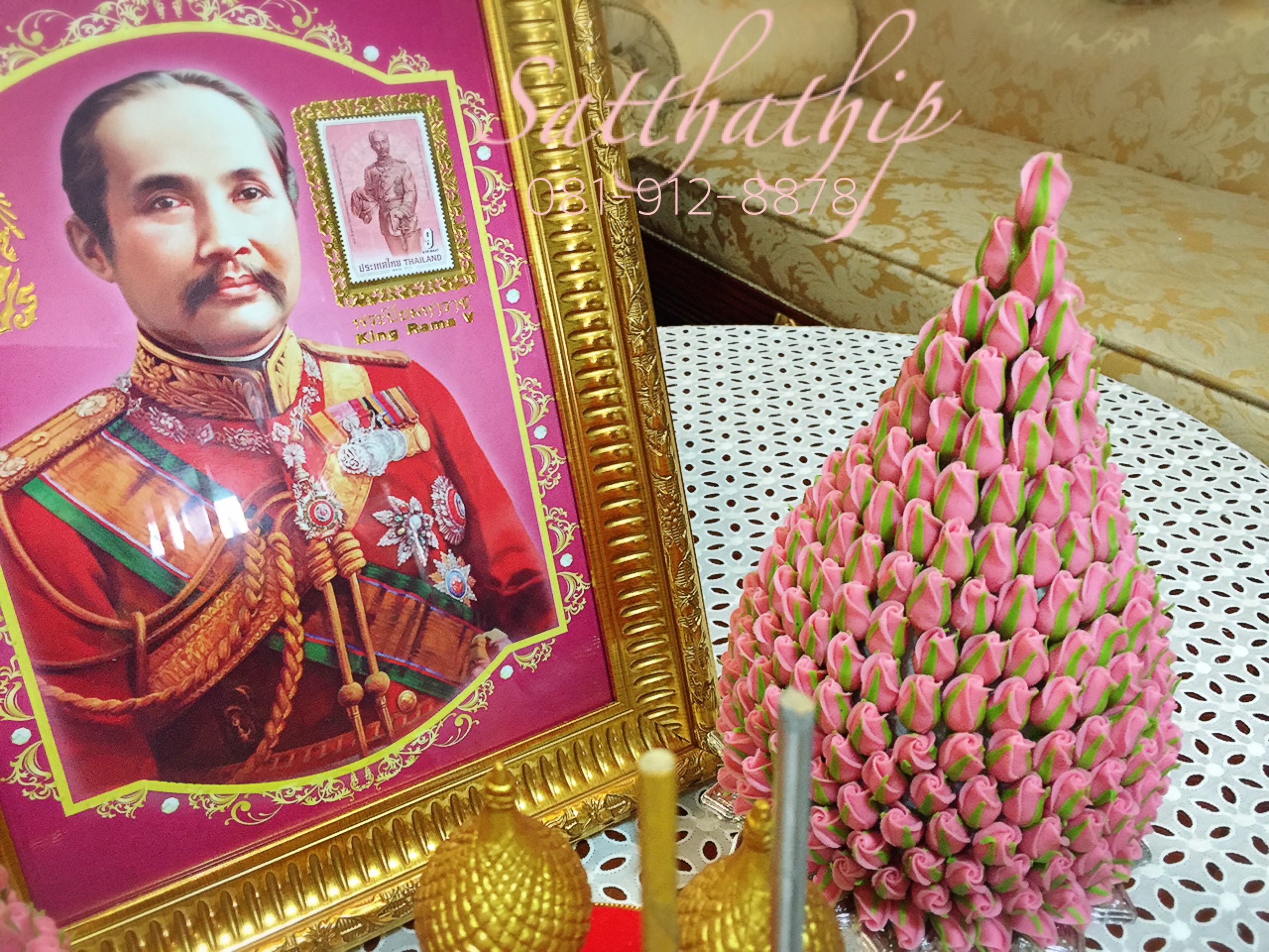 พานพุ่มดอกกุหลาบ - พานพุ่มดอกกุกลาบ (สีชมพู) ประดิษฐ์จากดิน - Phan bush