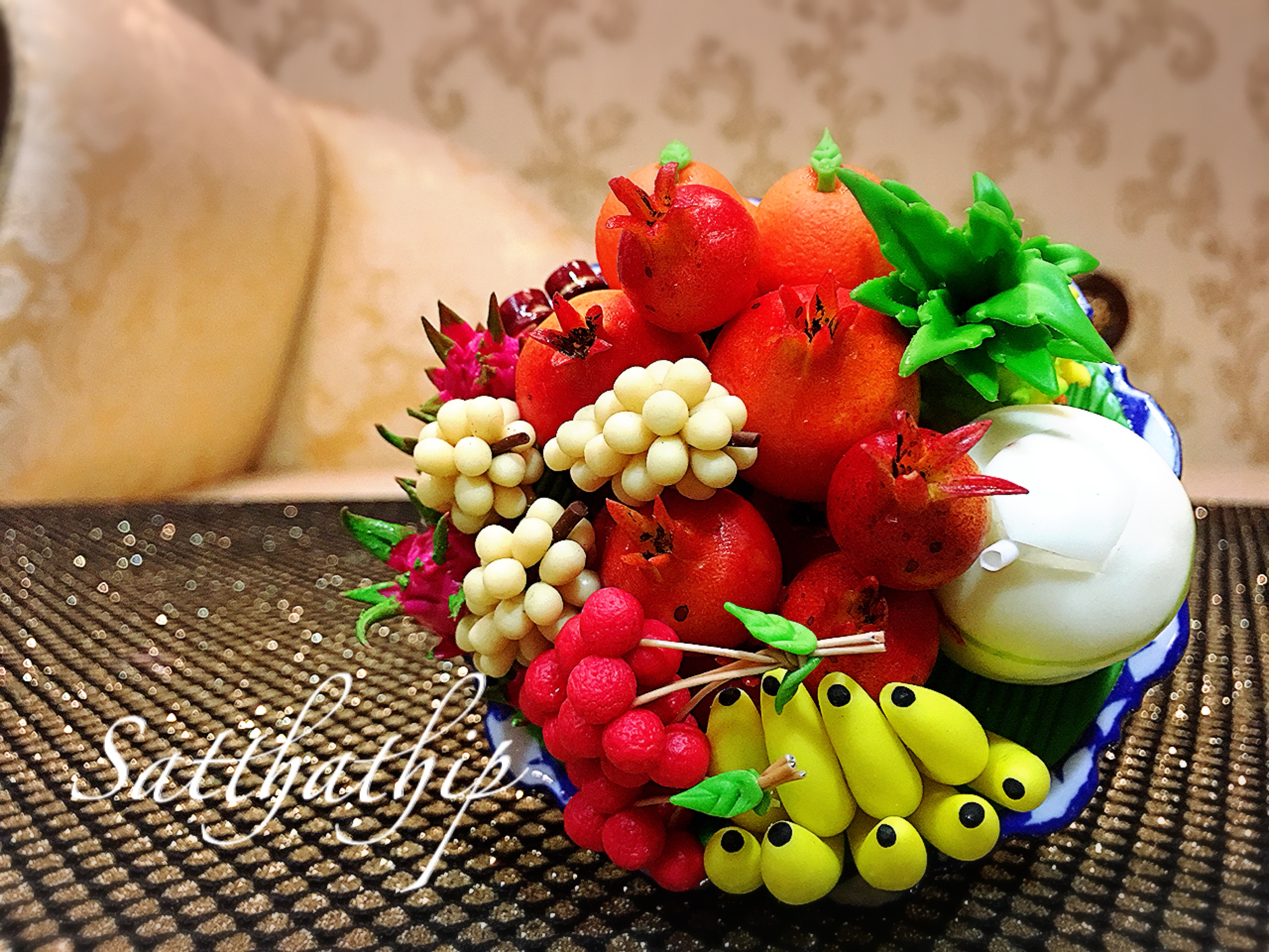 พานผลไม้ (9 อย่าง) ประดิษฐ์จากดิน - ผลไม้จิ๋ว - ผลไม้มงคล