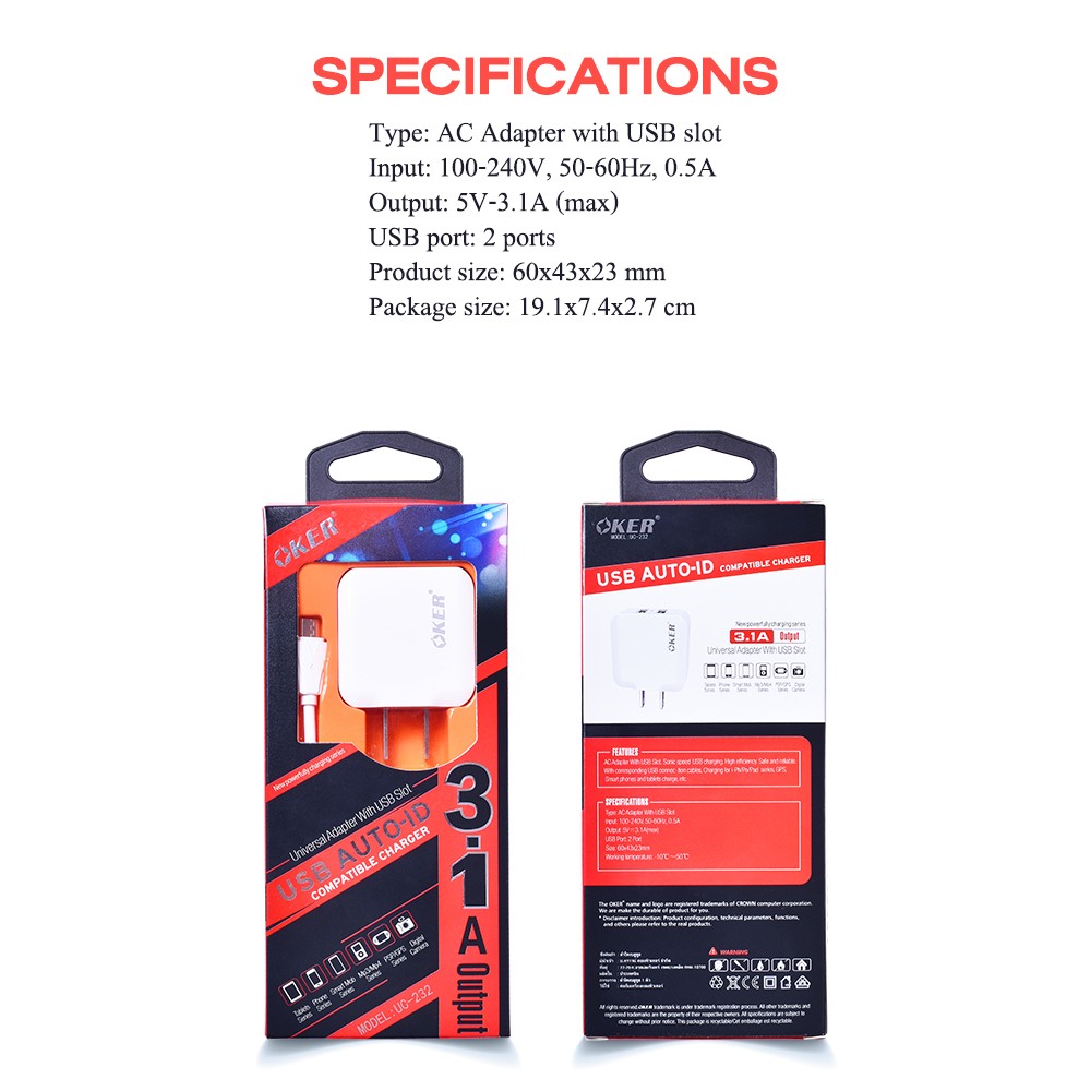 Oker CHARGER UC-232 USB AUTO-ID COMPATIBLE