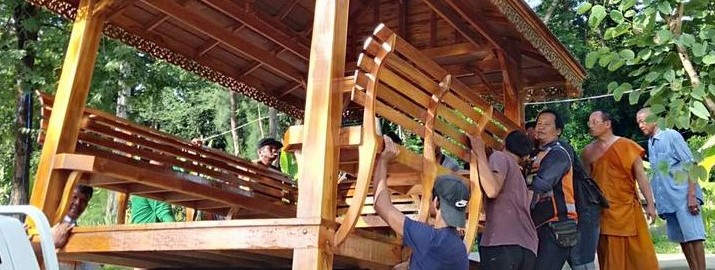 ( รหัส DT1-3x3 ) ศาลา แหย่งเสาตรง ไม้สัก สีโอ๊ค คาตาล2ชั้น เชิงเรียบโมเดิอร์น / ขนาด 3.00x3.00x3.00 เมตร