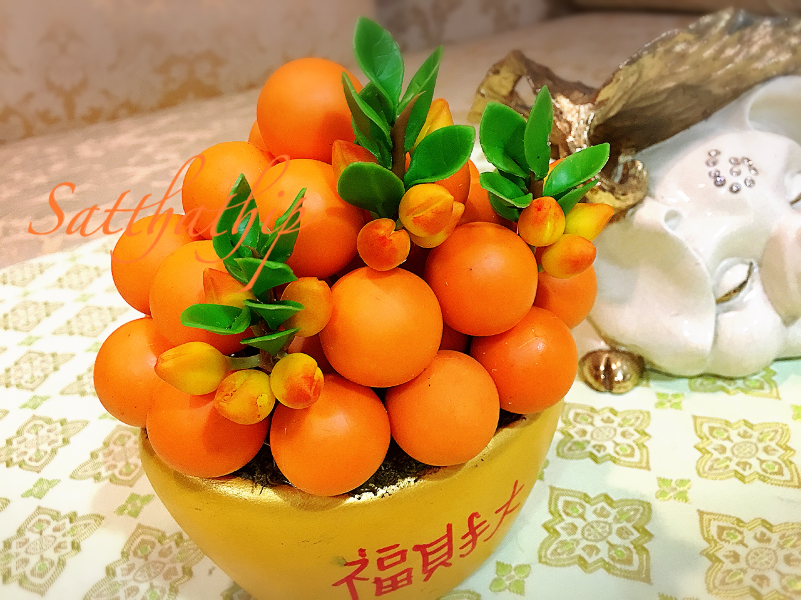 ส้ม ประดิษฐ์จากดิน กระถางก้อนทอง - ผลไม้มงคล ประดิษฐ์จากดิน กระถางก้อนทอง