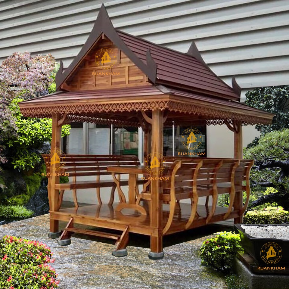 ( รหัส A7-2.0x2.5 m.) ศาลา ทรงไทย ไม้สัก สีเงา พิงอโยธยา หลังคาสีน้ำตาล / ขนาด 2.00x2.50x3.00 เมตร