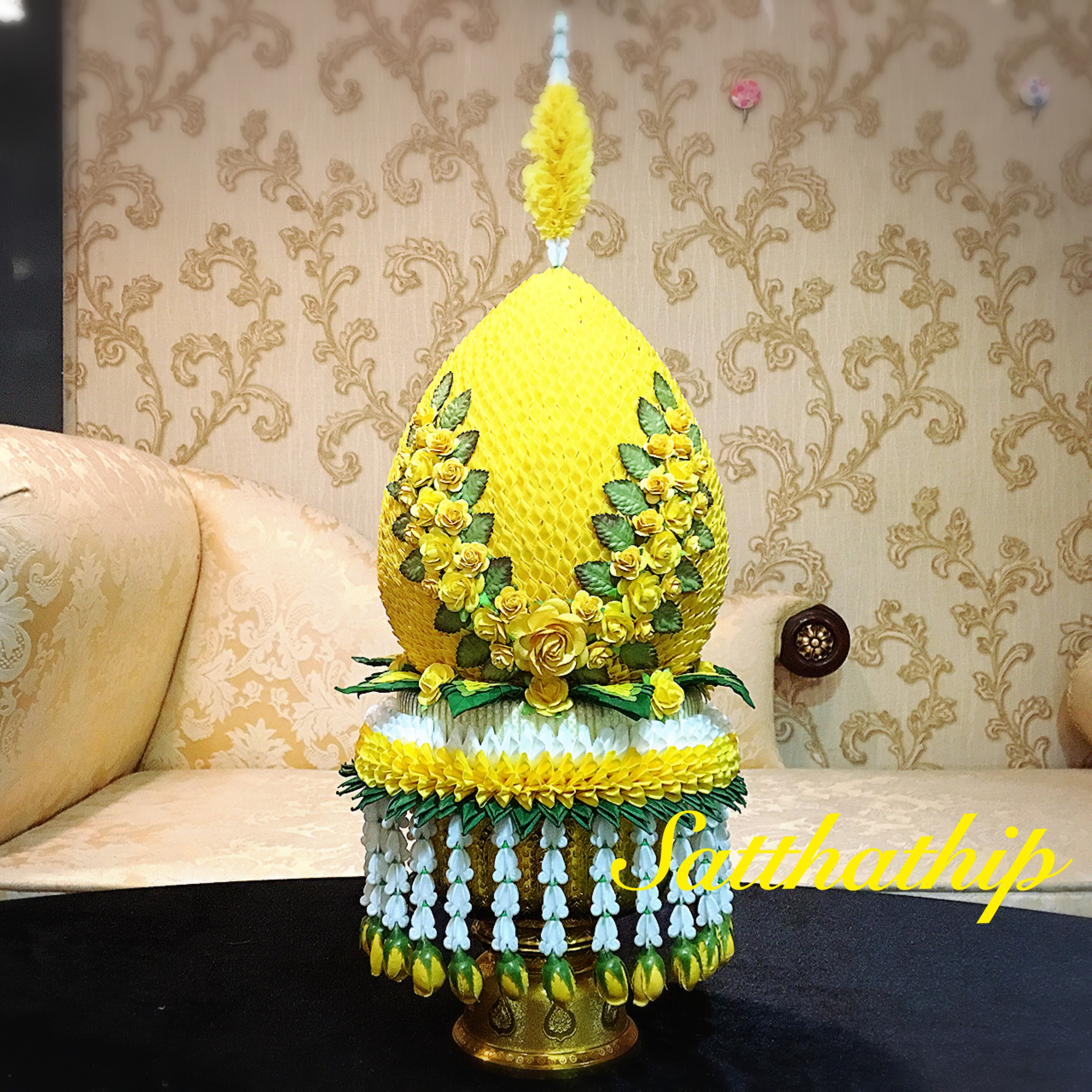 พานพุ่มผ้า สีเหลือง - พานพุ่ม สีเหลือง - พานพุ่มสักการะ สีเหลือง - Phan bush
