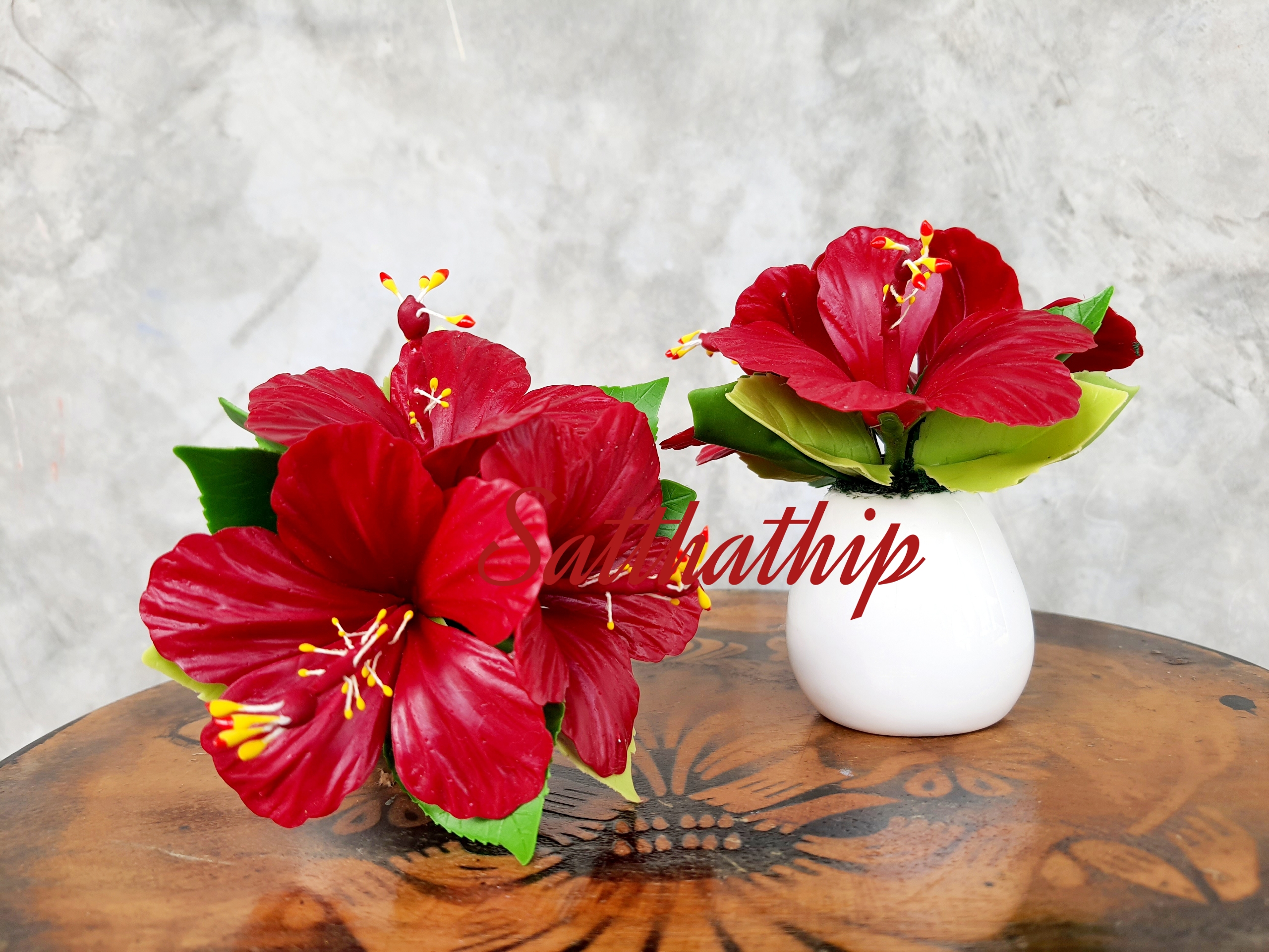 แจกันดอกชบา - ดอกชบาประดิษฐ์ - แจกันดอกชบา ประดิษฐ์จากดิน - แจกันดอกชบาประดิษฐ์