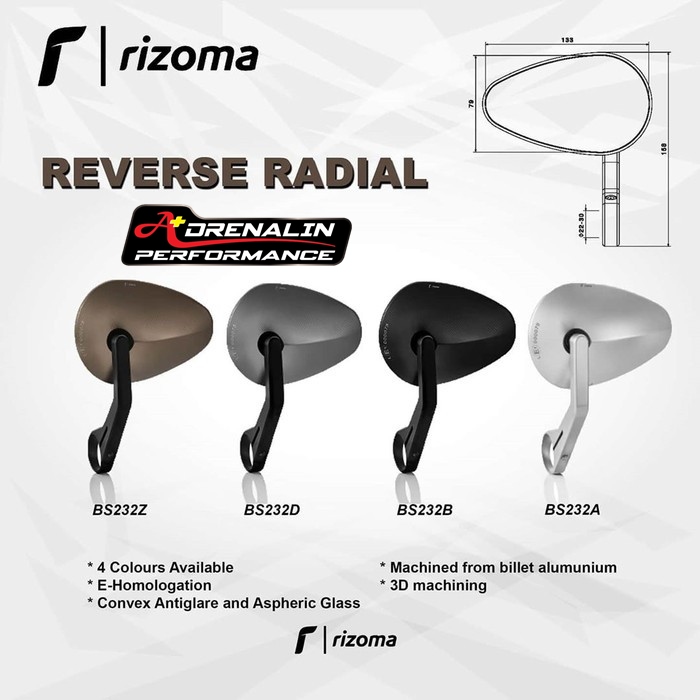 กระจกปลายแฮนด์ รุ่น Reverse Radial ติดตั้งปลายแฮนด์ จาก Rizoma ราคาข้างละ มาพร้อมตุ้มปลายแฮนด์