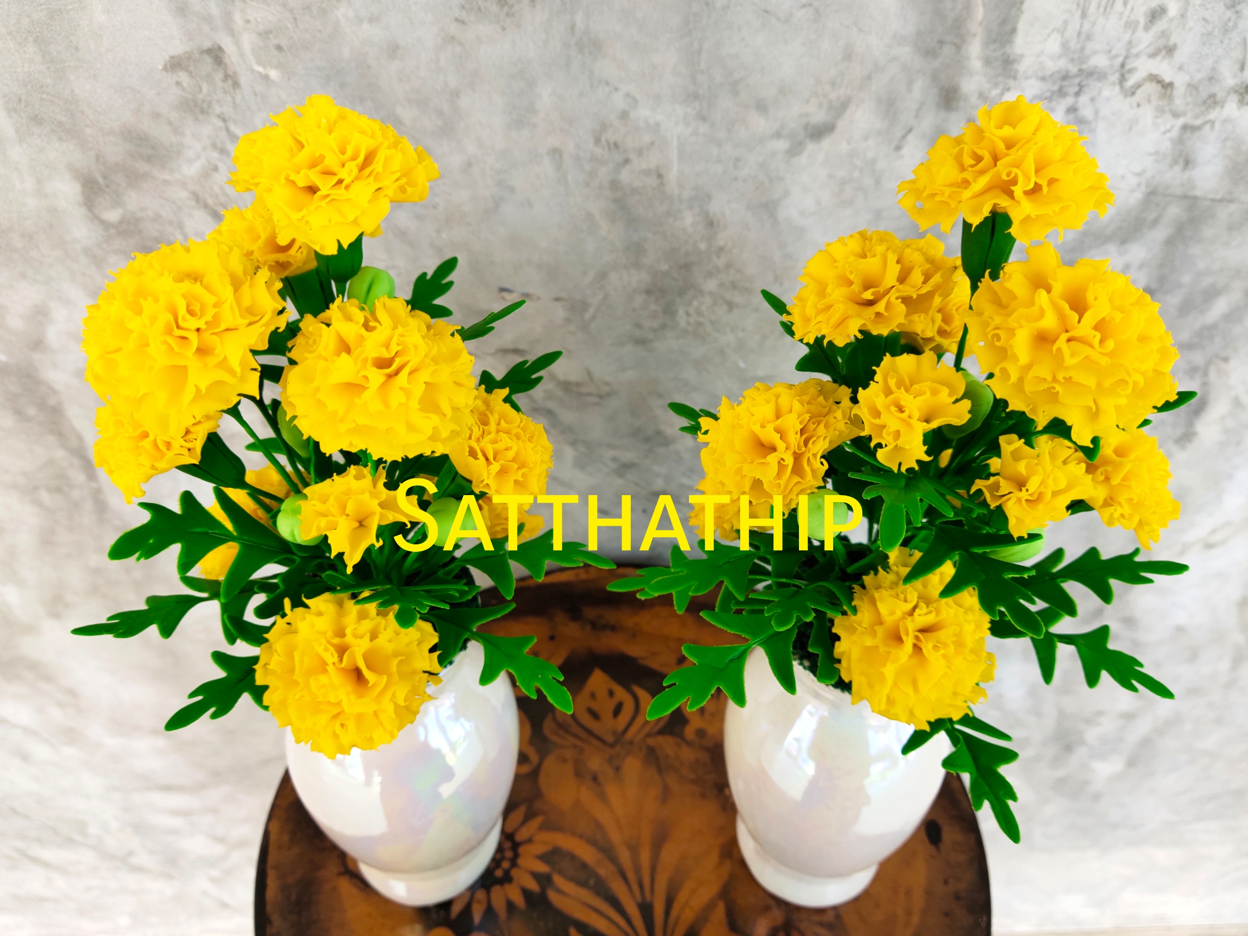 แจกันดอกดาวเรือง (ข้างละ 9 ดอก) ประดิษฐ์จากดิน - แจกันดาวเรืองประดิษฐ์ - ดอกดาวเรืองประดิษฐ์