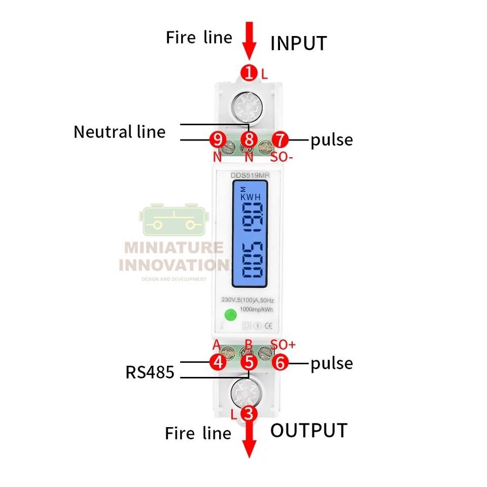 DDS519MR มัลติฟังก์ชั่นดิจิตอลโวลต์มิเตอร์แอมป์มิเตอร์ Wattmeter จอแสดงผล LCD Backlight DIN Rail KWH AC 230V 5-100A RS485 Modbus เอาต์พุต
