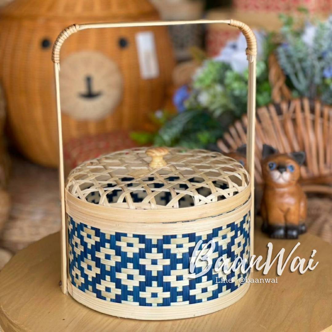 ปิ่นโตไม้ไผ่ ลายข้าวหลามตัด ขนาด 8*4 นิ้ว