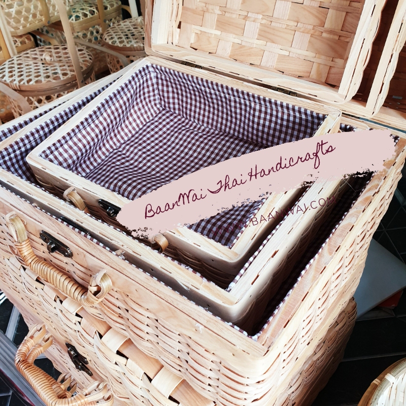กระเป๋าไม้สาน บุผ้า 3 ใบชุด