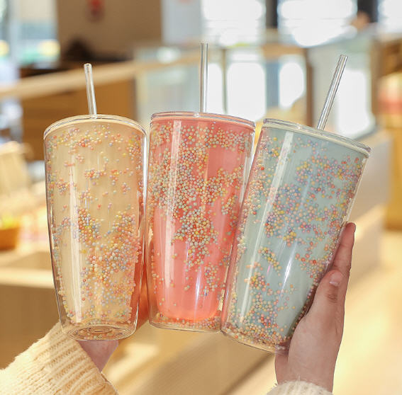 แก้วพลาสติก,แก้วสองชั้น,แก้วพลาสติกพร้อมหลอด,แก้วแต่งเม็ดโฟม,750ml