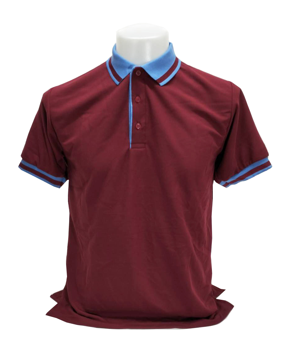 เสื้อโปโล สีเลือดหมู TC แขนจั๊ม ปกสีฟ้าครามลายเส้นสีเลือดหมู