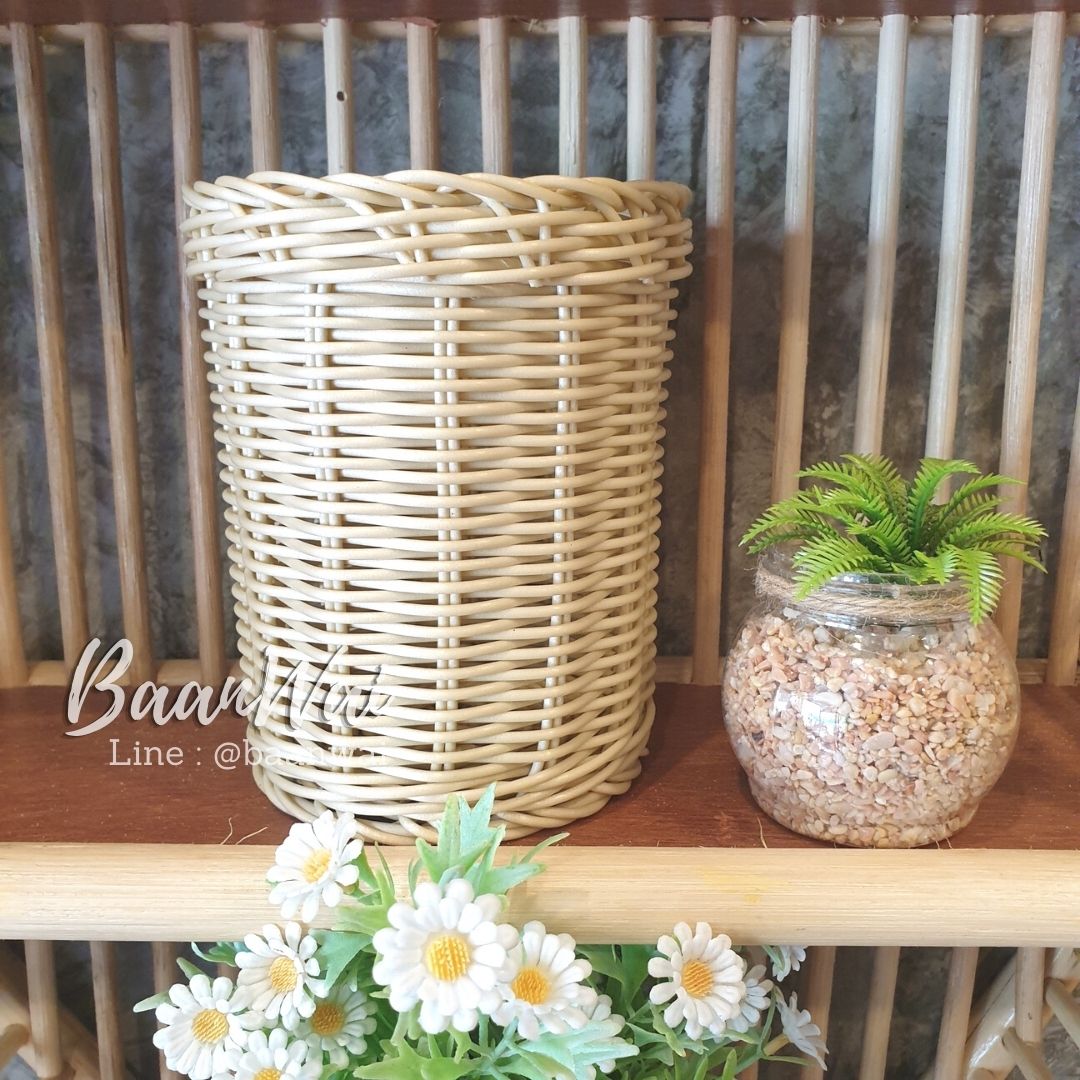 ตะกร้าหวายเทียม ทรงกระบอก คละสี ขนาด 5x6 นิ้ว (ก้นตะกร้า 4 นิ้ว)