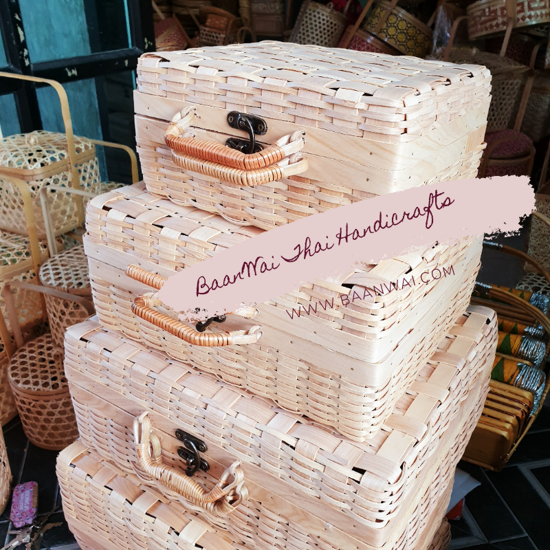 กระเป๋าไม้สาน บุผ้า 3 ใบชุด