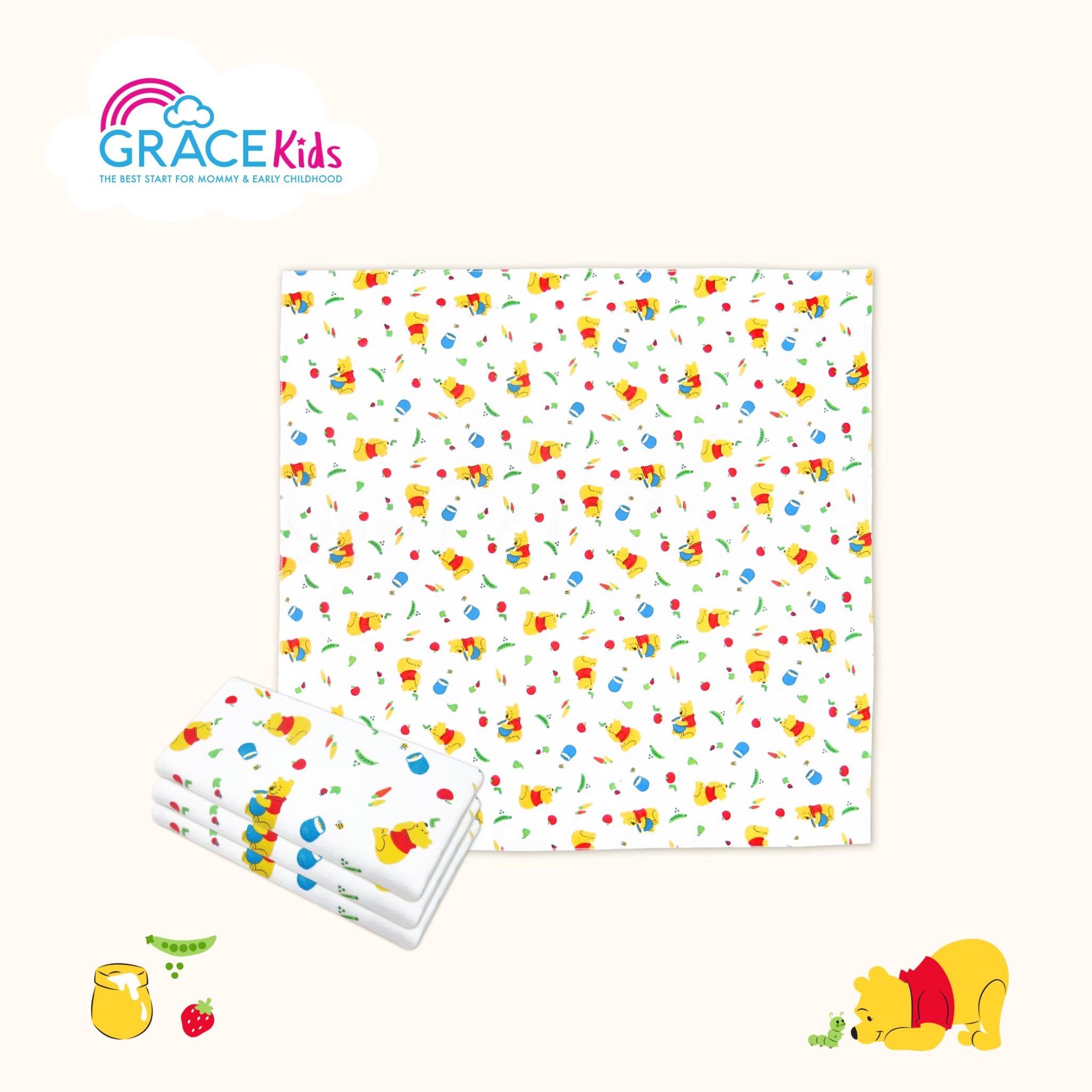 Grace Kids ผ้าอ้อมสำลีพูห์ลาย Pooh Love to Grow ขนาด 27x27 นิ้ว แพ็ค 6 ผืน