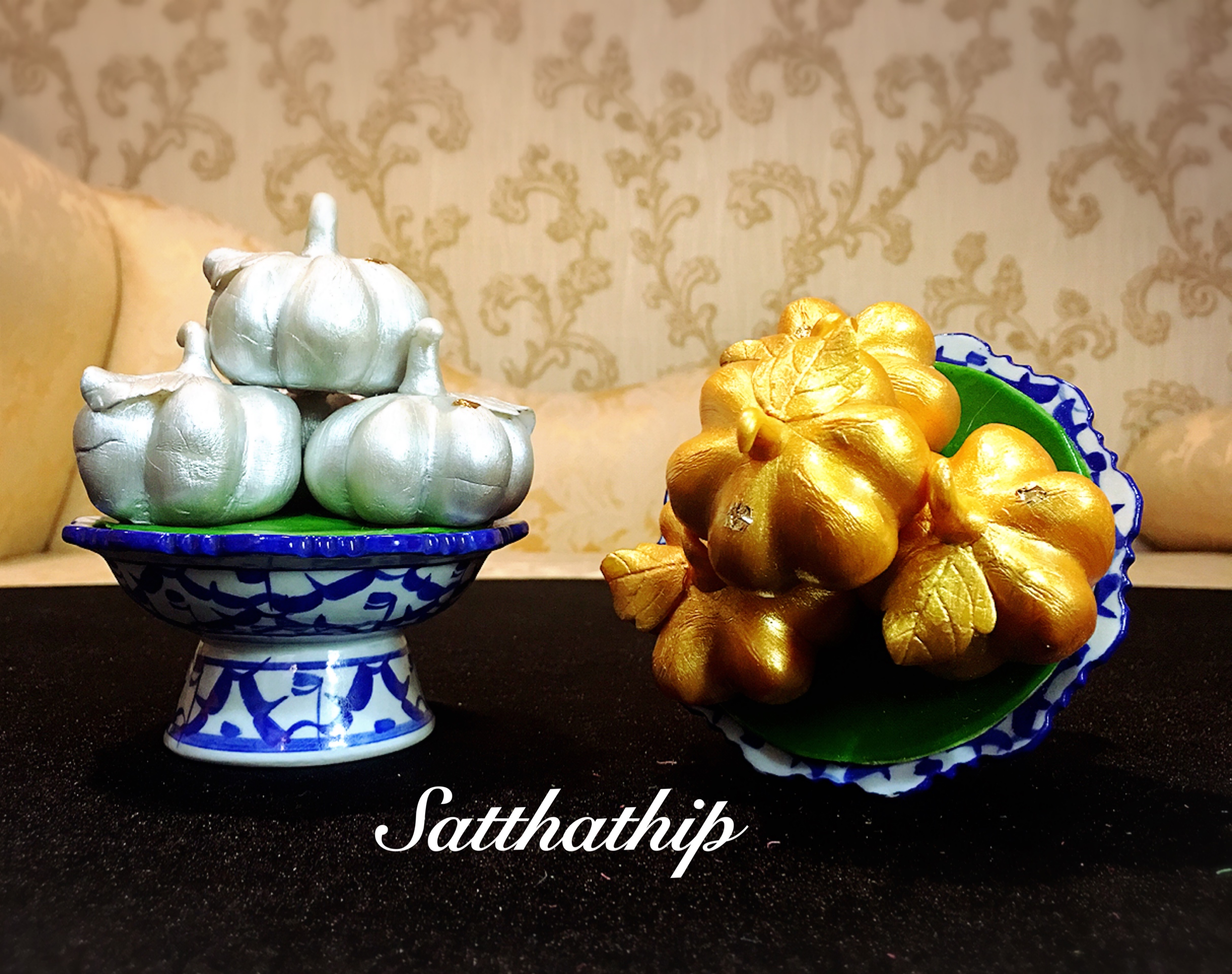 ชุดพานฟักเงิน ฟักทอง ประดิษฐ์จากดิน - ผลไม้มงคลประดิษฐ์ - ผลไม้มงคลประดิษฐ์จากดิน