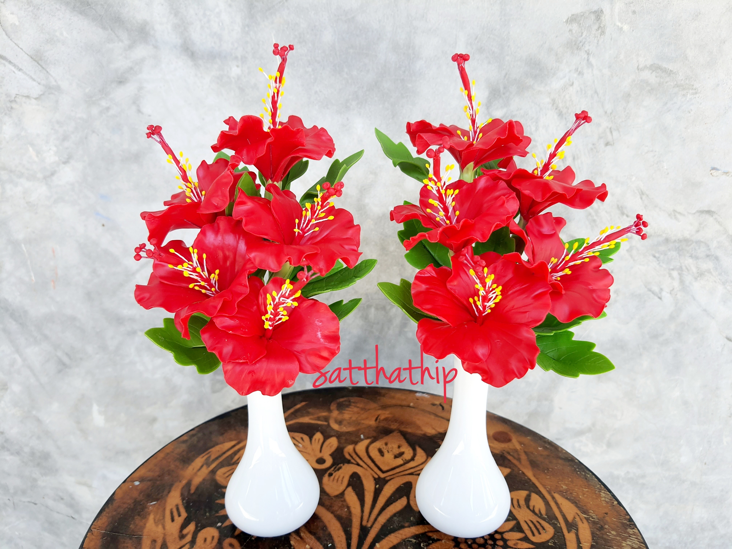 แจกันดอกชบา - ดอกชบาประดิษฐ์ - แจกันดอกชบา ประดิษฐ์จากดิน - แจกันดอกชบาประดิษฐ์