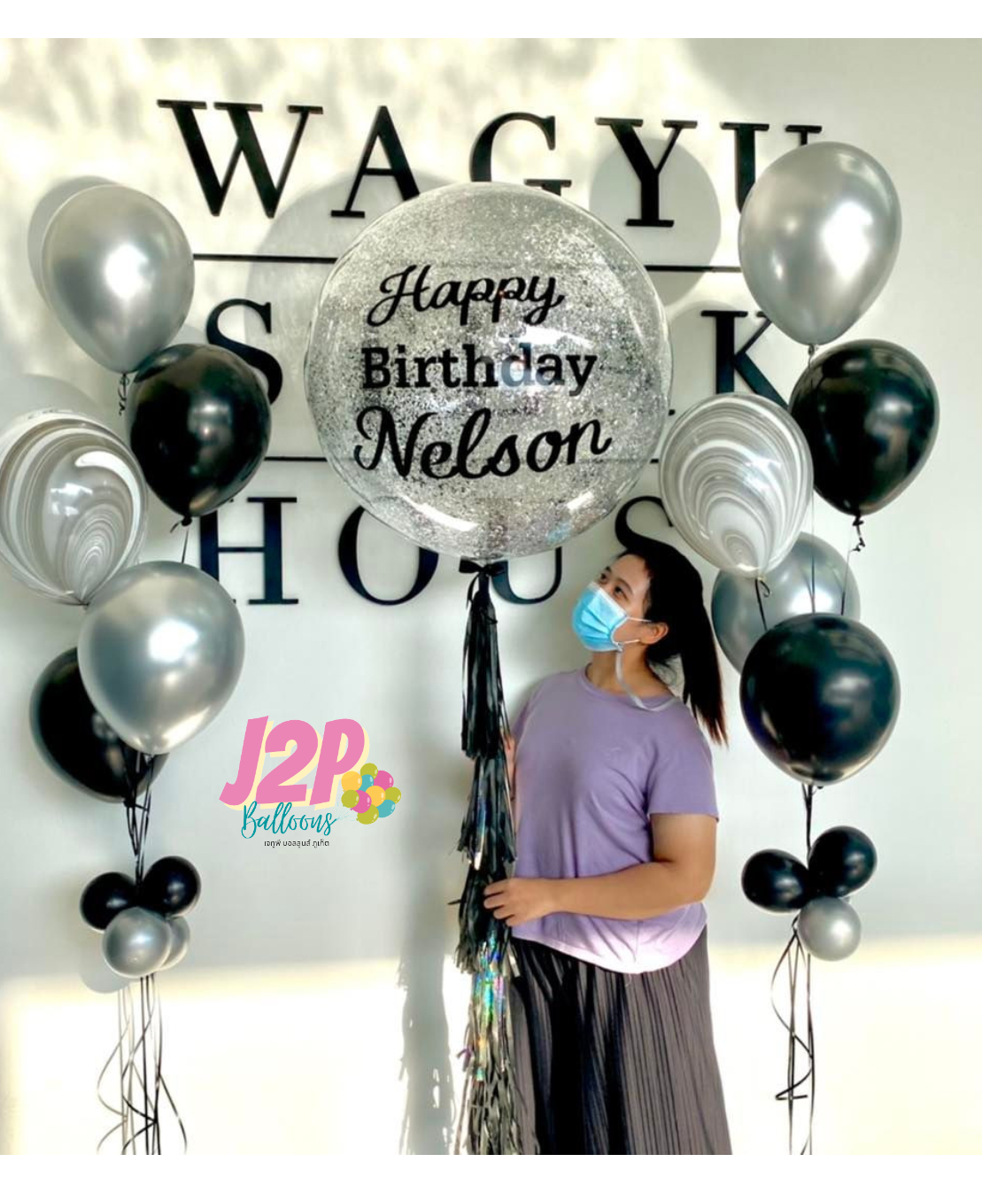 ลูกโป่งวันเกิดHappy birthday 36"Jumbo glitter balloon Silver metallic & Black marble Bouquets Balloons set (11pcs.)
