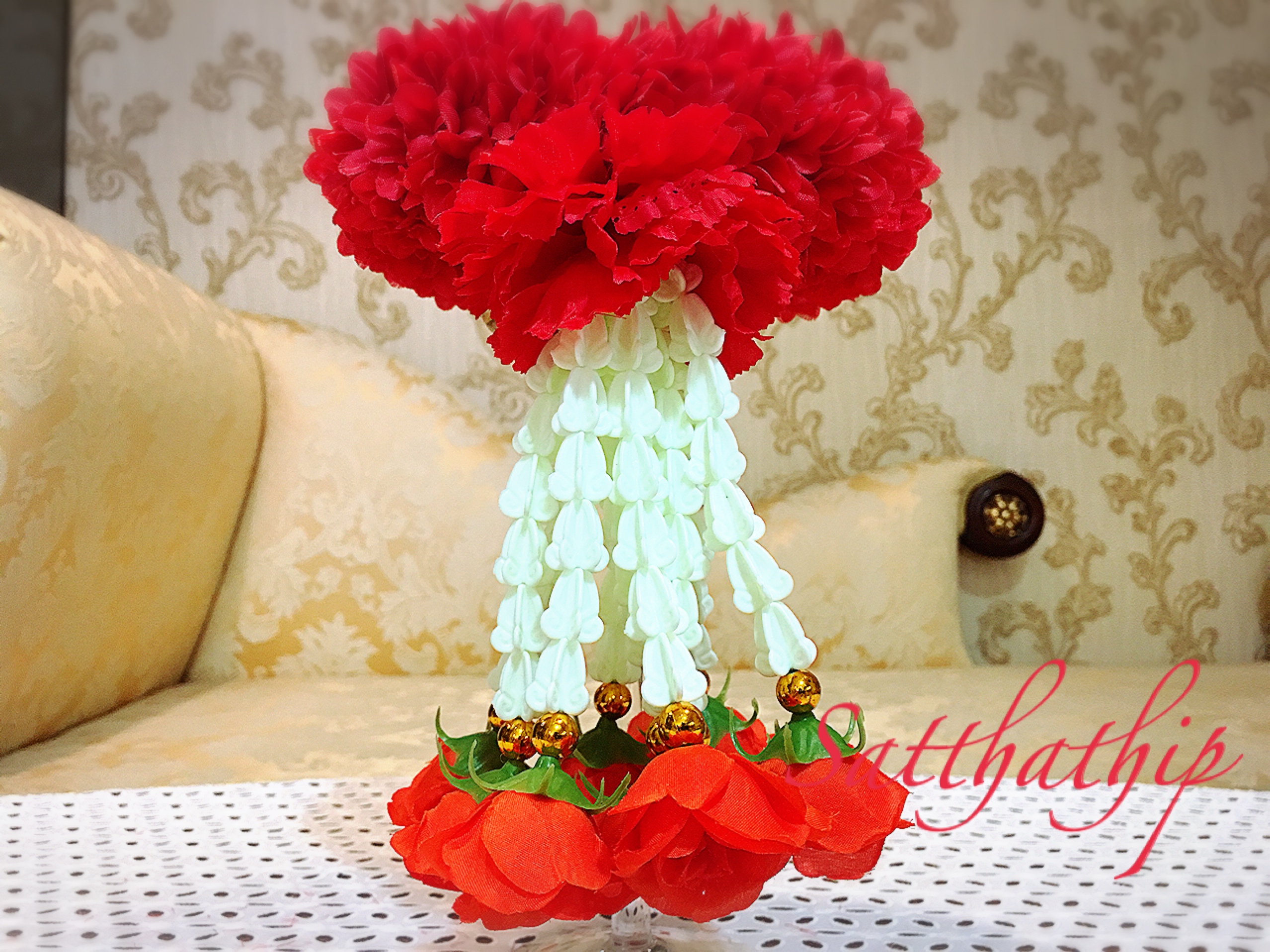 พวงมาลัยผ้า - พวงมาลัยดอกมัม ประดิษฐ์ - พวงมาลัยถวายศาลพระภูมิ - Fabric garland