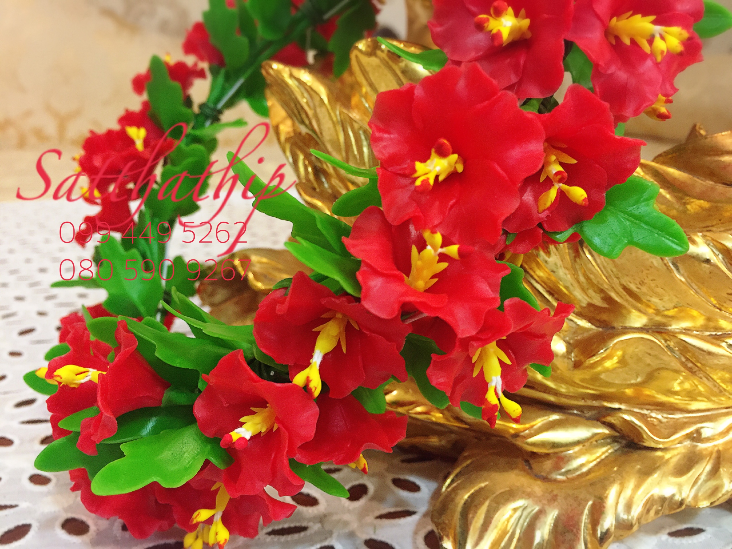 ดอกชบา - พวงมาลัยดอกชบา สีแดง ประดิษฐ์จากดิน/พวงมาลัยถวายพระพิฆเนศ-พระแม่ - Garland