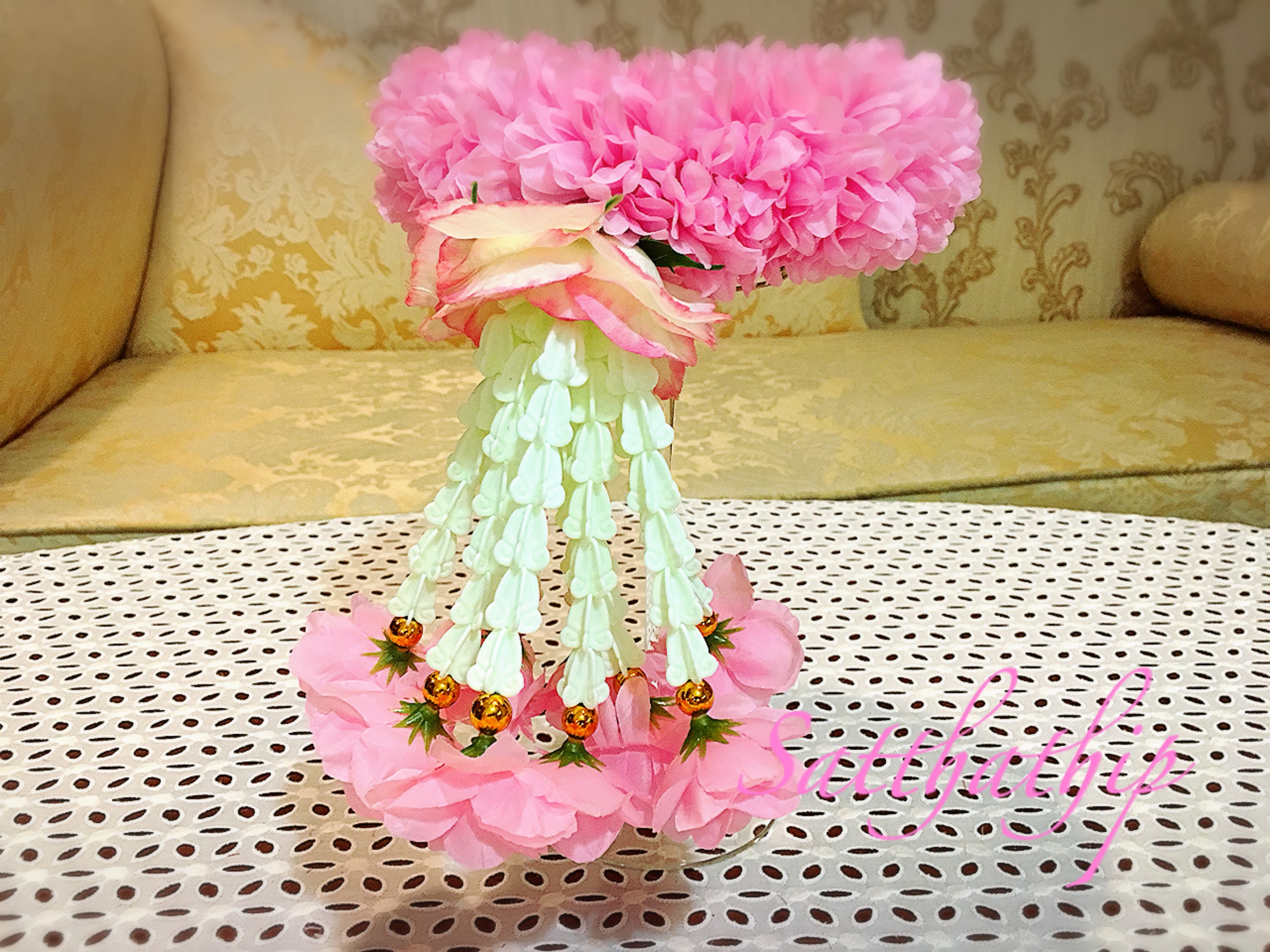 พวงมาลัยผ้า - พวงมาลัยดอกมัม ประดิษฐ์ - พวงมาลัยถวายศาลพระภูมิ - Fabric garland